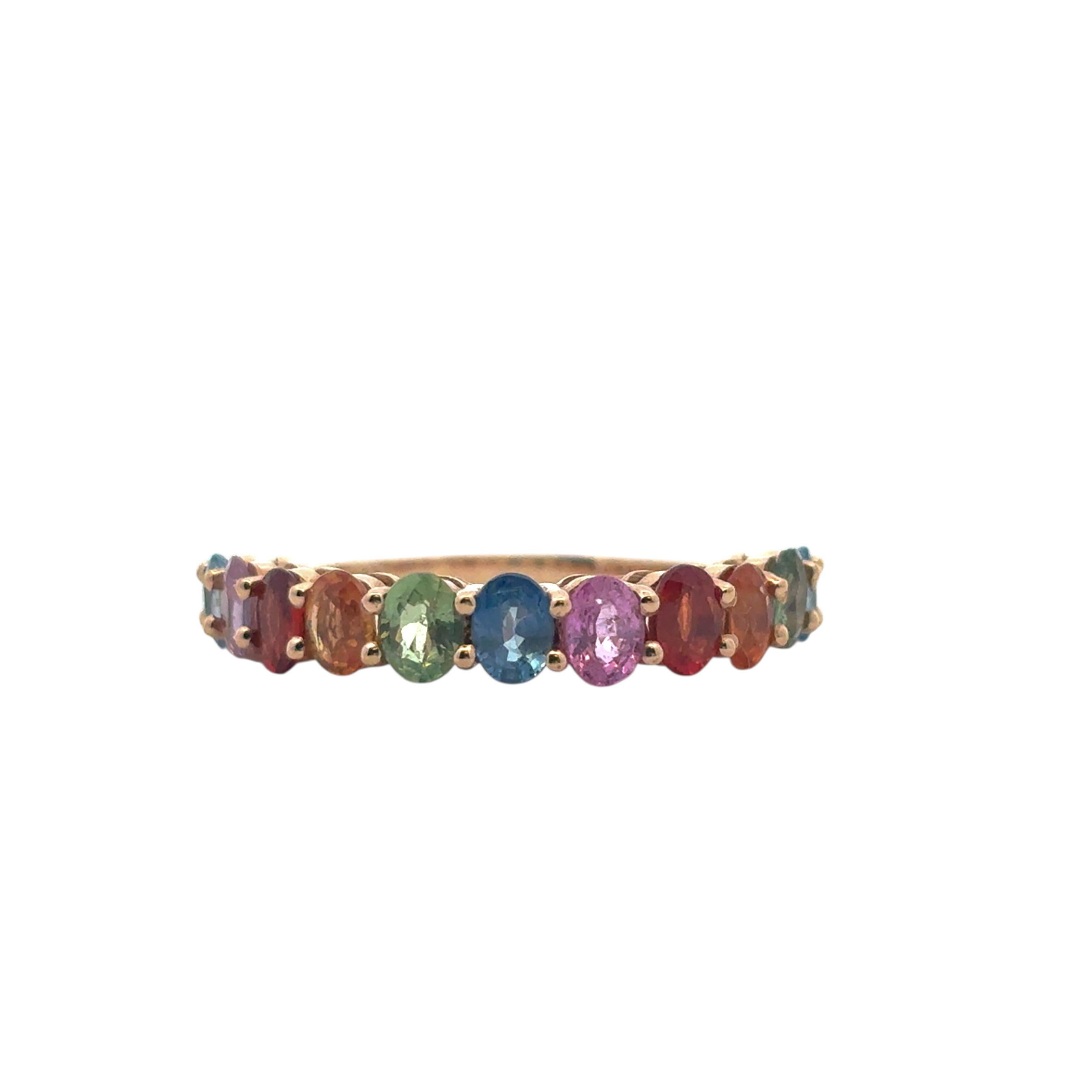 Moderne 14k Rose Gold 2.4ctw Multicolor Oval Cut Sapphire Halfway Wedding Ring Band en vente