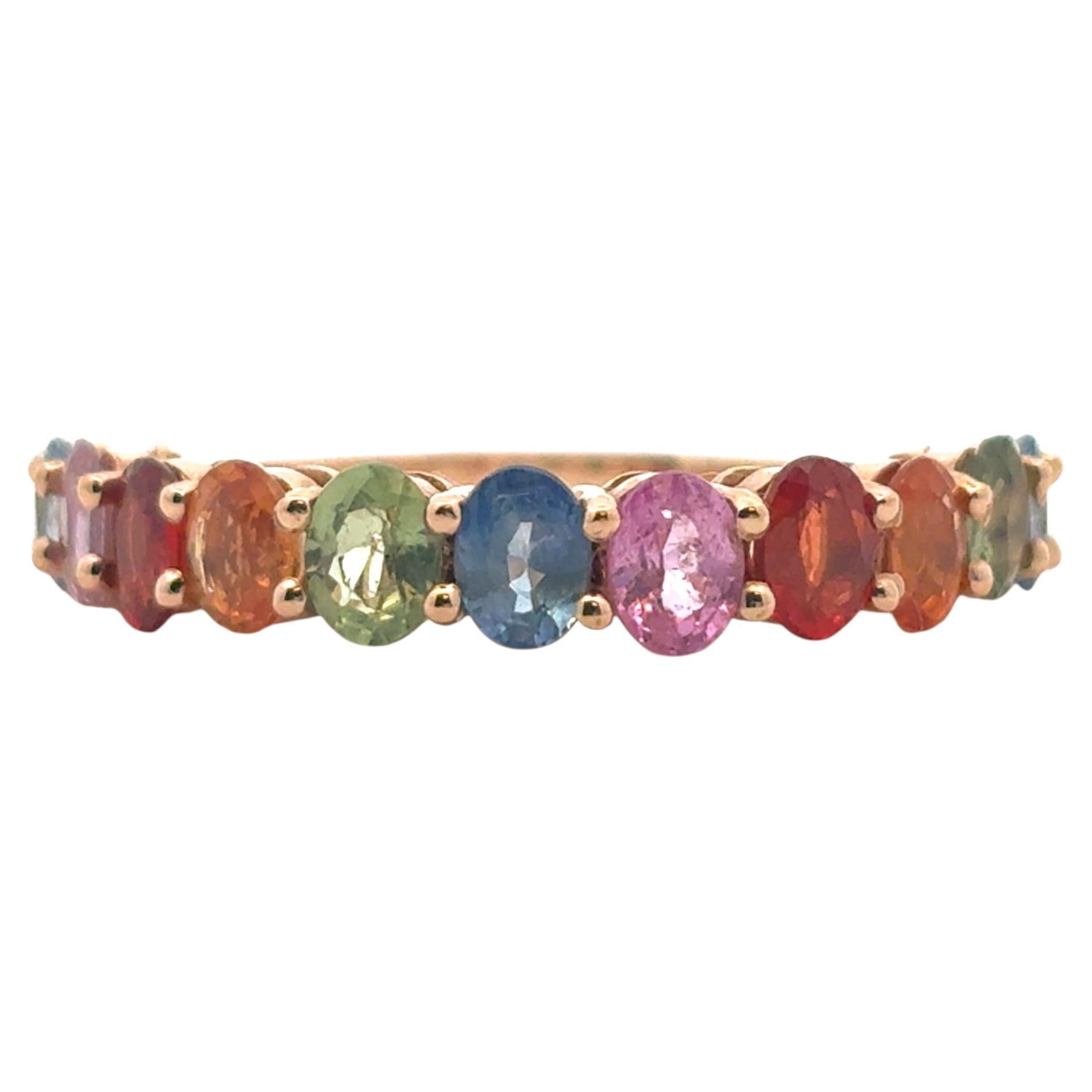 14k Rose Gold 2.4ctw Multicolor Oval Cut Sapphire Halfway Wedding Ring Band en vente