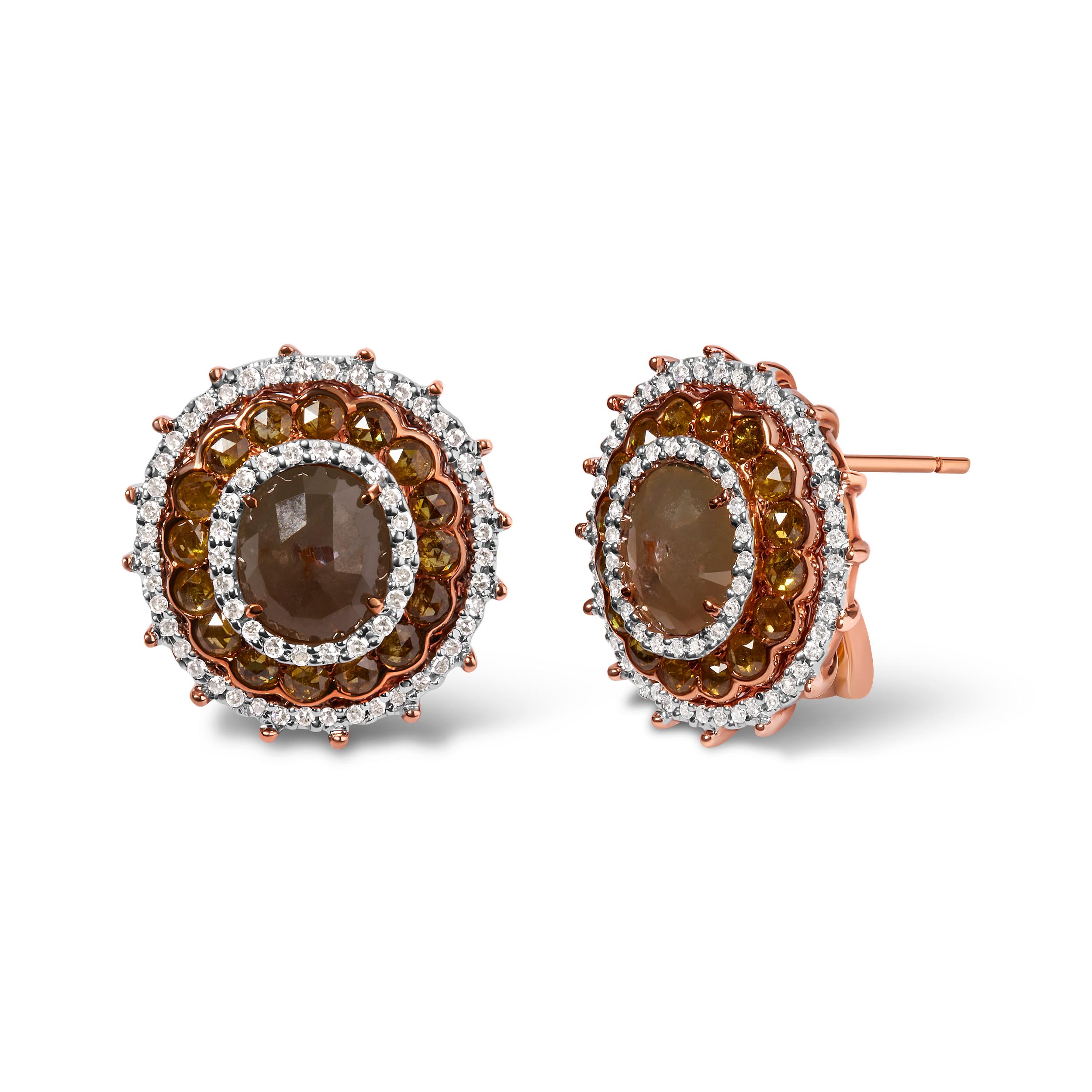 Introducing a dazzling masterpiece that will captivate your senses and elevate your style. These 14K Rose Gold Fancy Rose Cut Diamond Circle Shaped Triple Halo Stud Earrings are a true testament to exquisite craftsmanship. Adorned with a remarkable