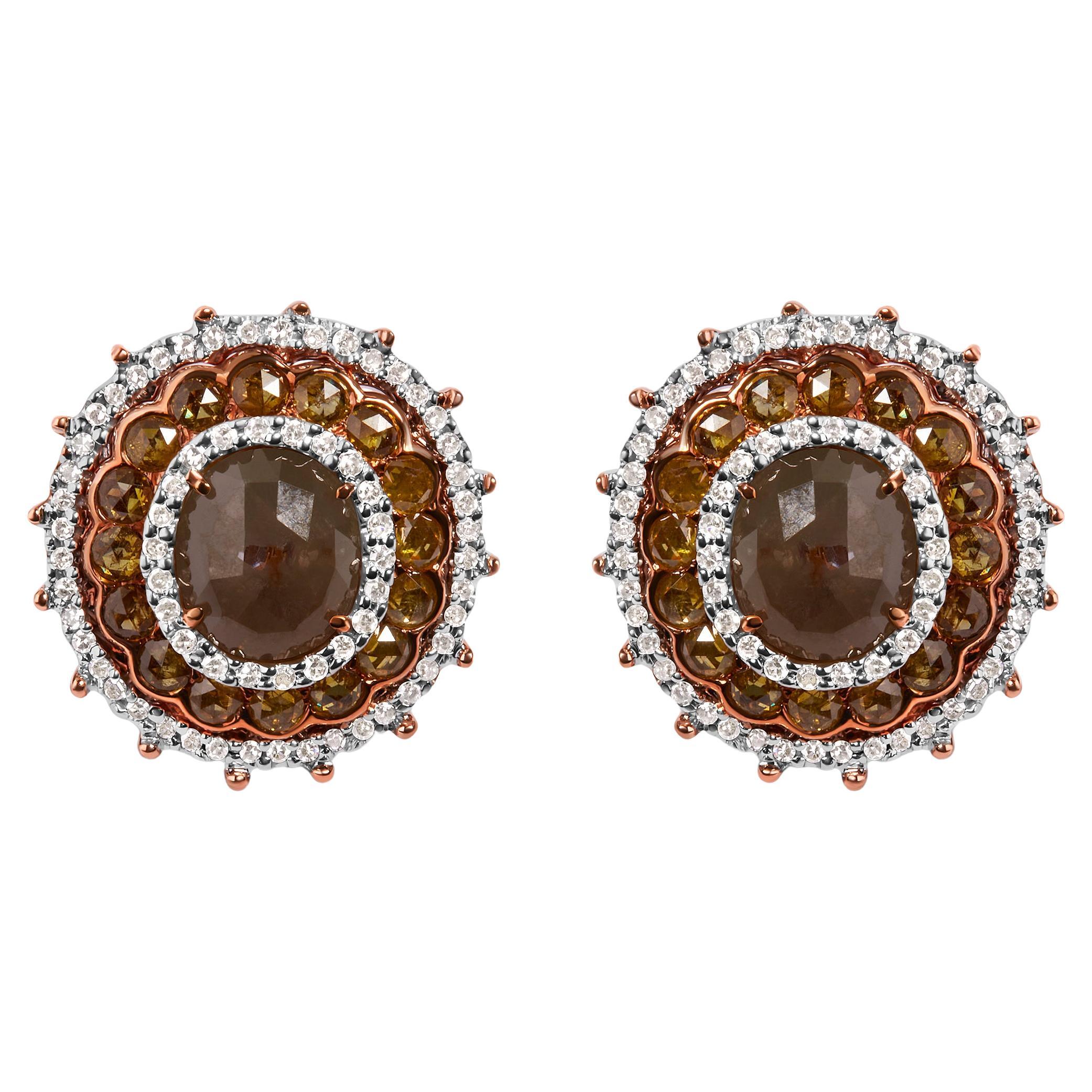 14K Rose Gold 3 1/2 Carat Fancy Diamond Circle Shaped Triple Halo Stud Earring For Sale