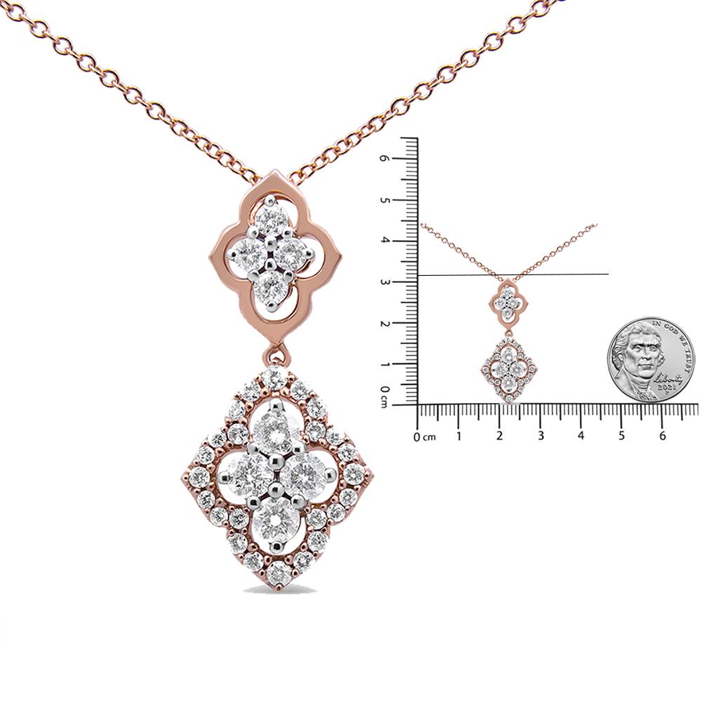Contemporary 14K Rose Gold 3/4 Carat Round Diamond Double Quatrefoil Pendant Necklace For Sale