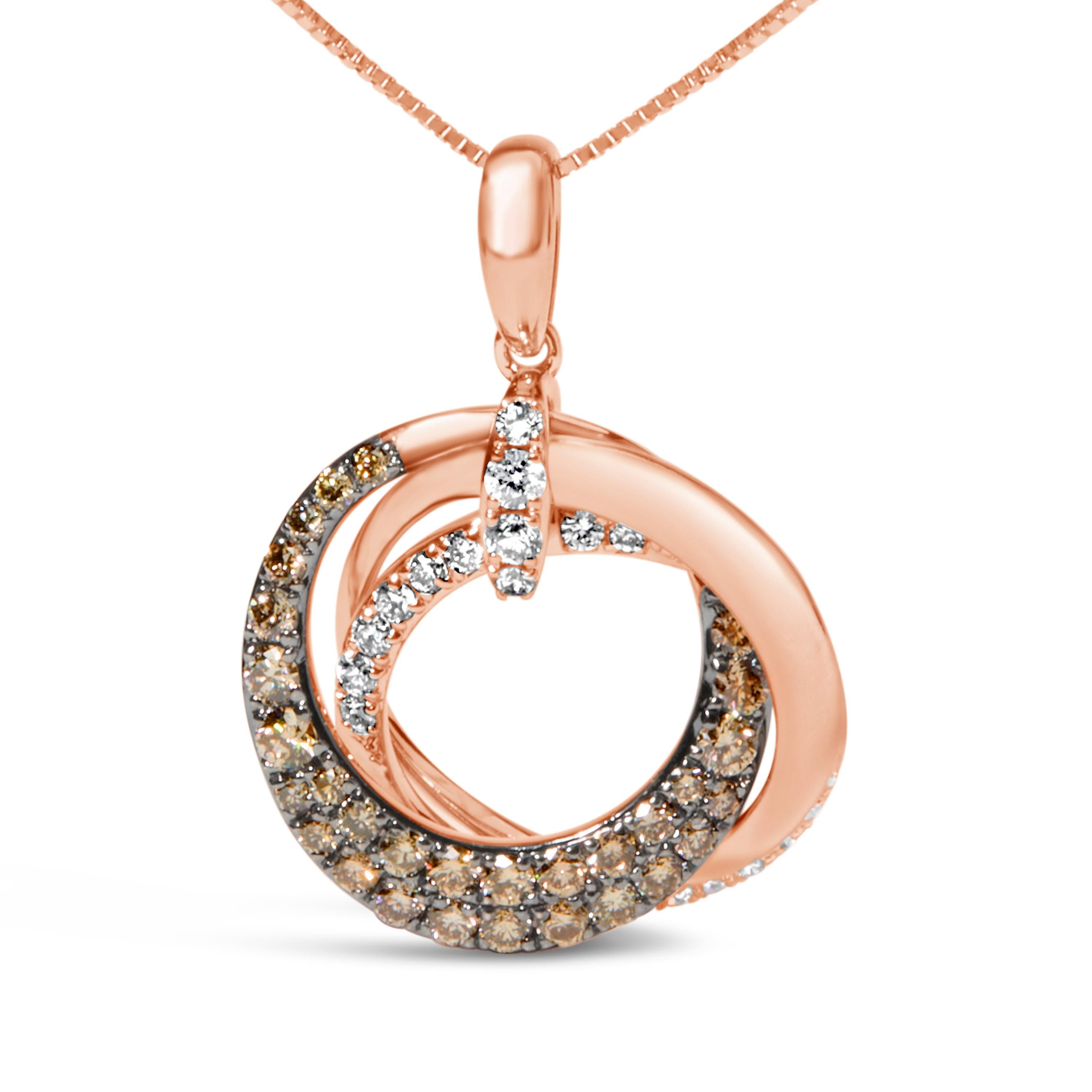 Discover the seamless blend of warmth and brilliance with this exquisite pendant necklace, finely crafted from lustrous 14K rose gold. Two perfectly intertwined circles symbolize unity and eternity; one hoop glimmers with natural, treated brown