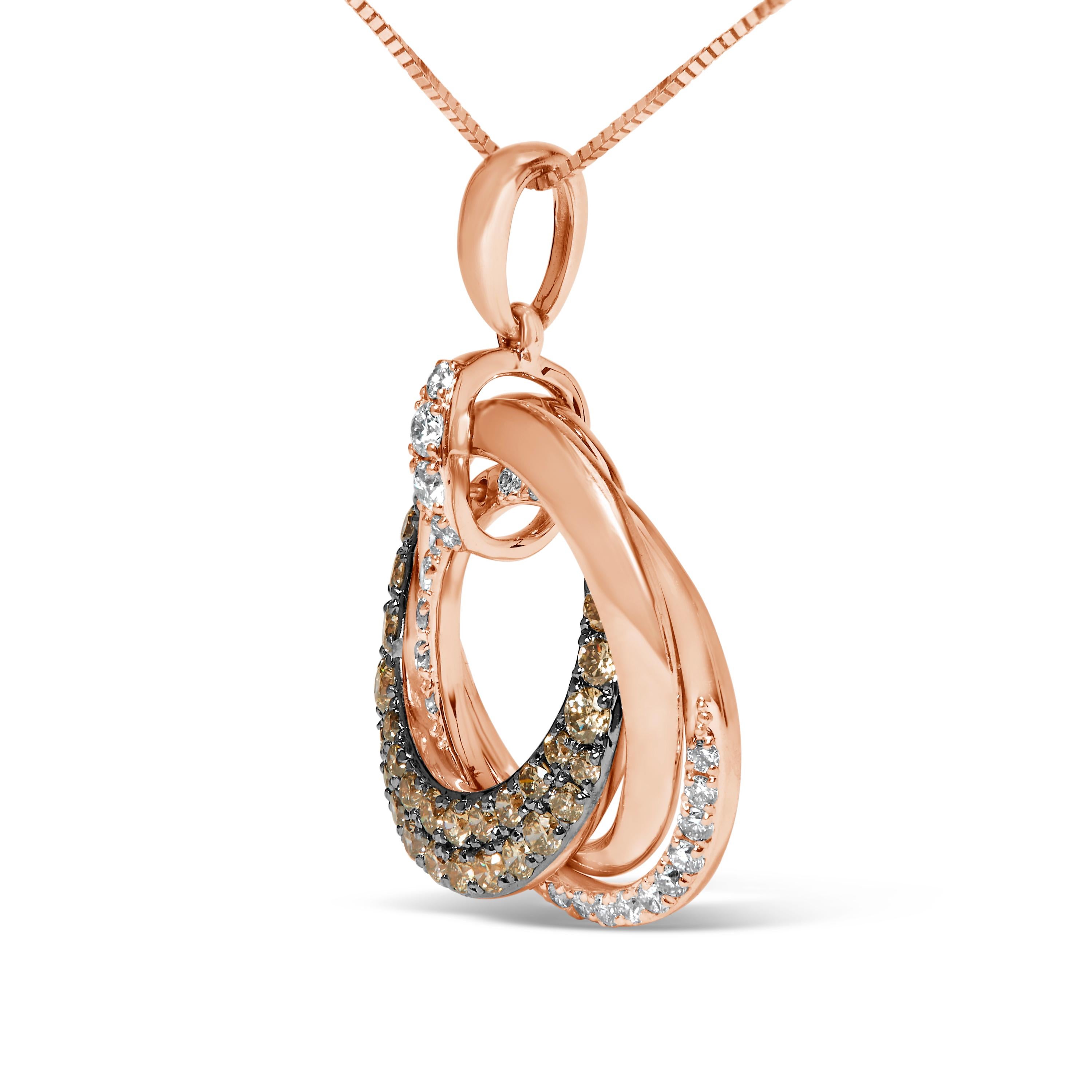 Modern 14K Rose Gold 3/4 Ct Brown & White Diamond Interlocking Hoop Pendant Necklace For Sale