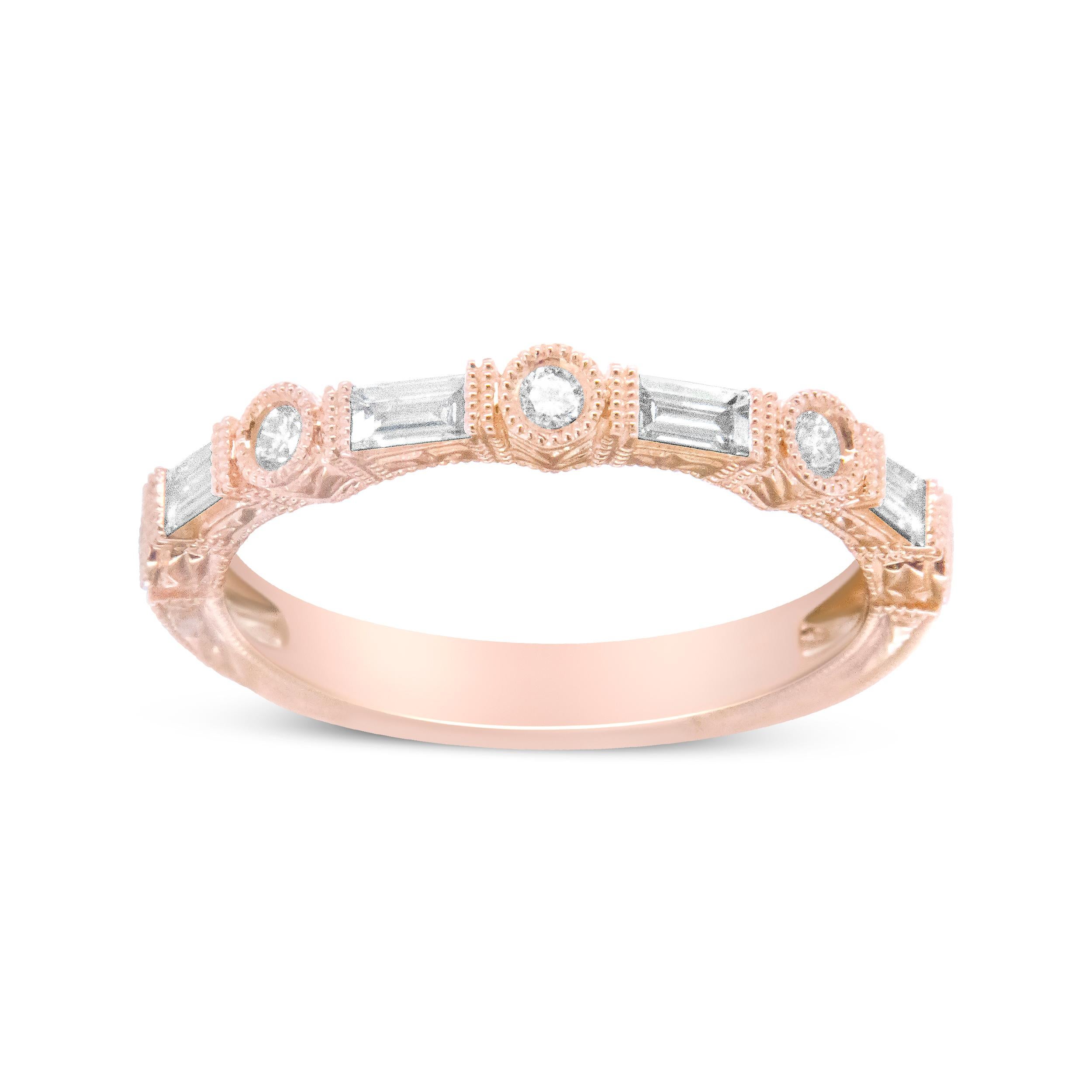 An enchanting design inspired by romance, this fascinating bridal ring captures a fairy-tale charm in 14k rose gold, set with a total 3/8 cttw diamonds of an approximate H-I color and VS1-VS2 clarity. This captivating design is centered around an
