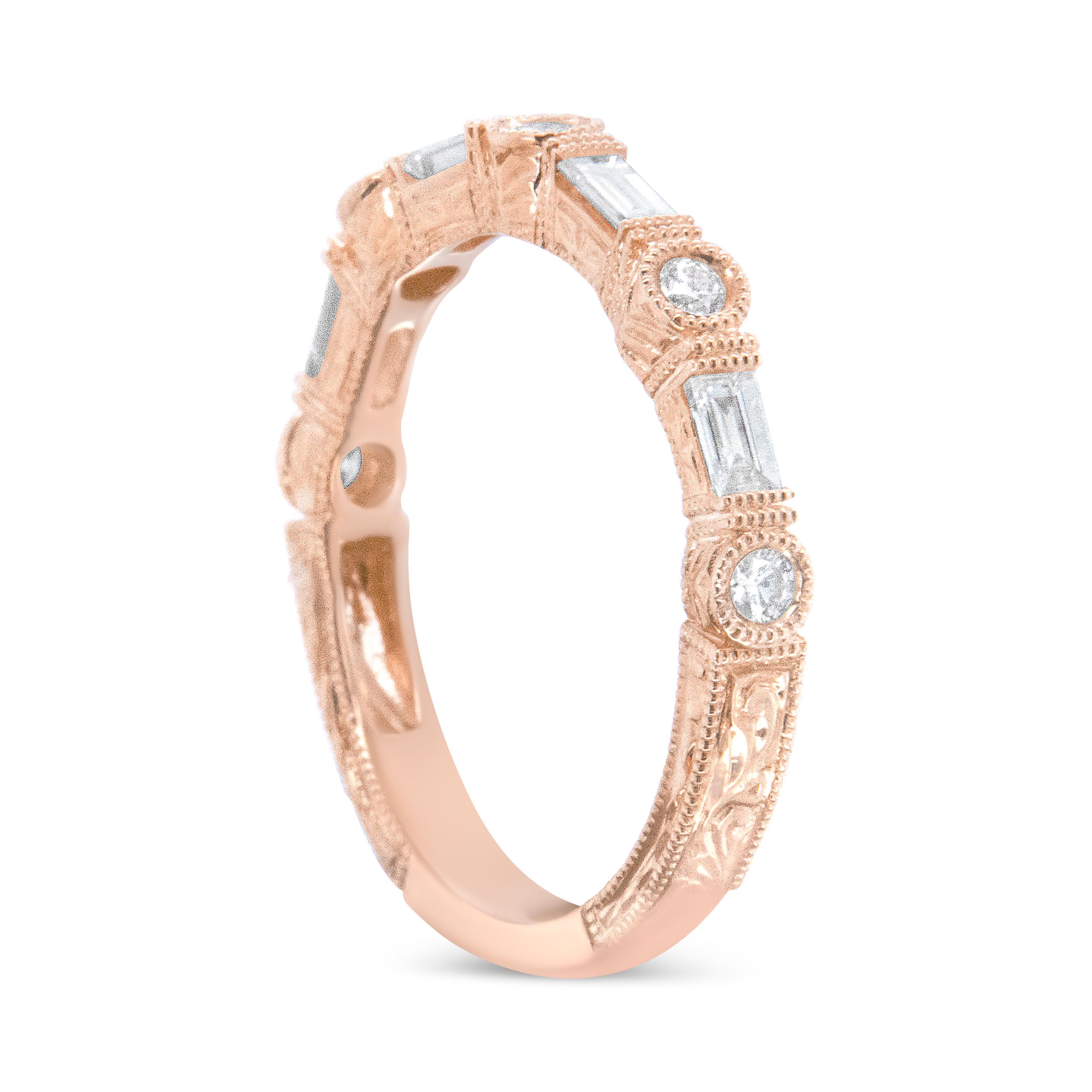 Contemporary 14K Rose Gold 3/8 Carat Baguette and Round Diamond Bridal Band For Sale