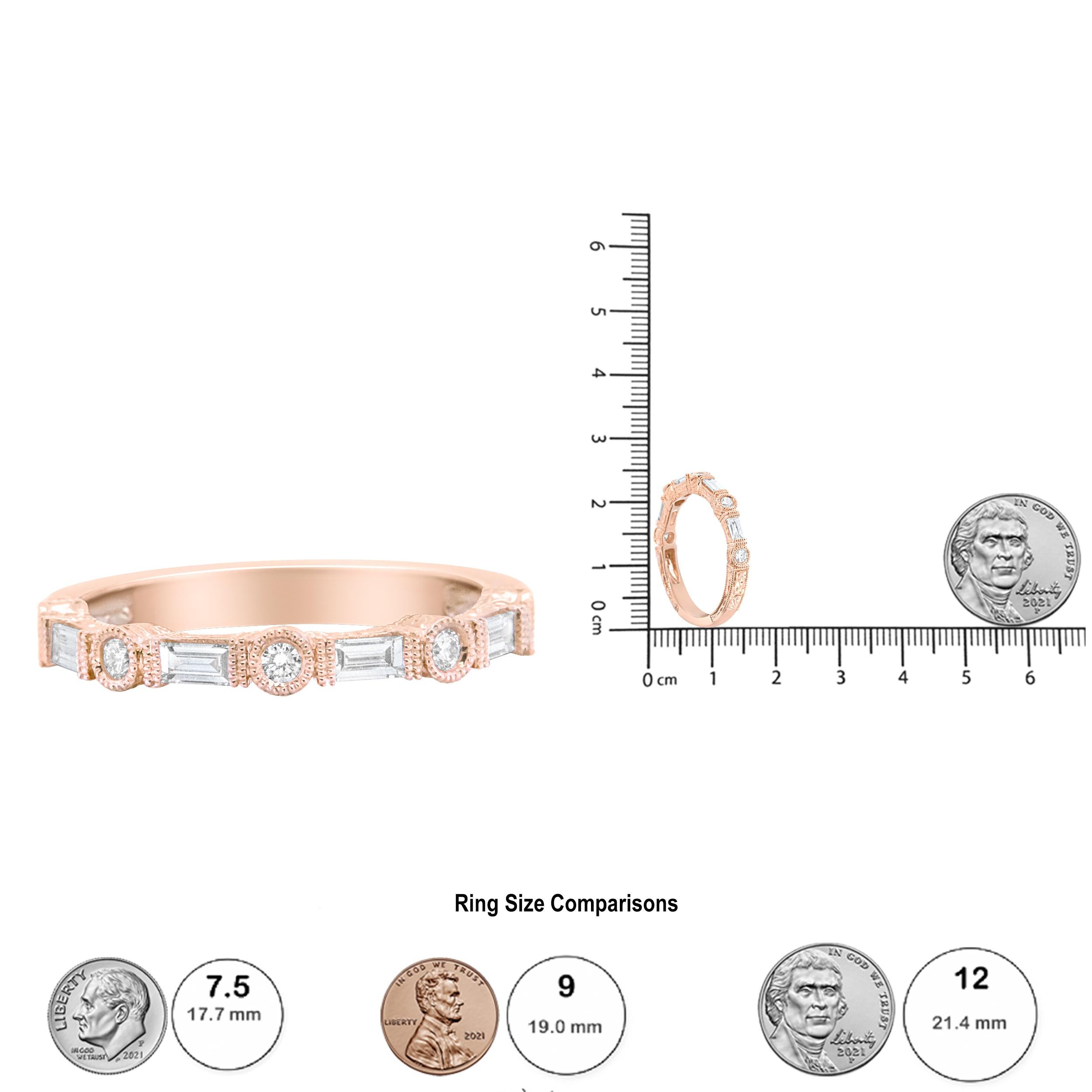 14K Rose Gold 3/8 Carat Baguette and Round Diamond Bridal Band For Sale 1