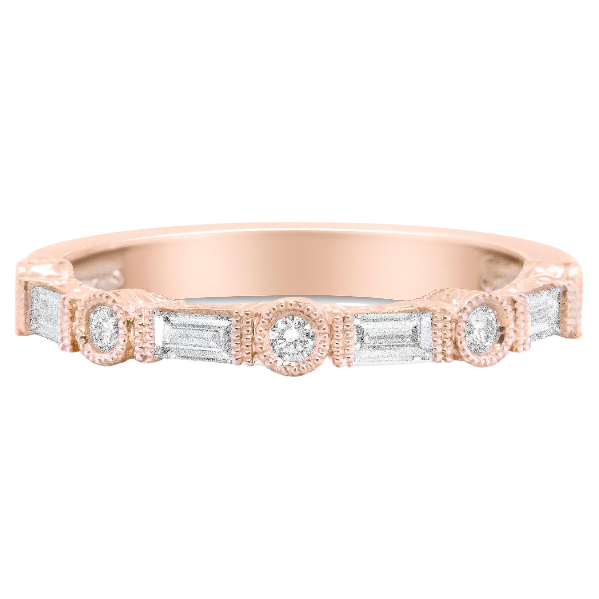 14K Rose Gold 3/8 Carat Baguette and Round Diamond Bridal Band