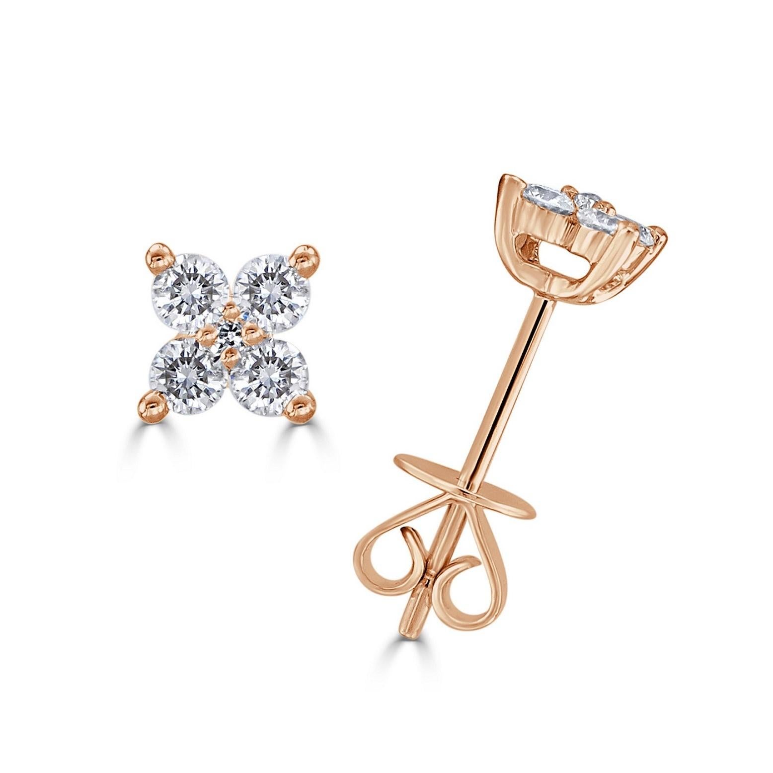 Baguette Cut 14K Rose Gold .30ct Diamond Flower Stud Earrings for Her For Sale