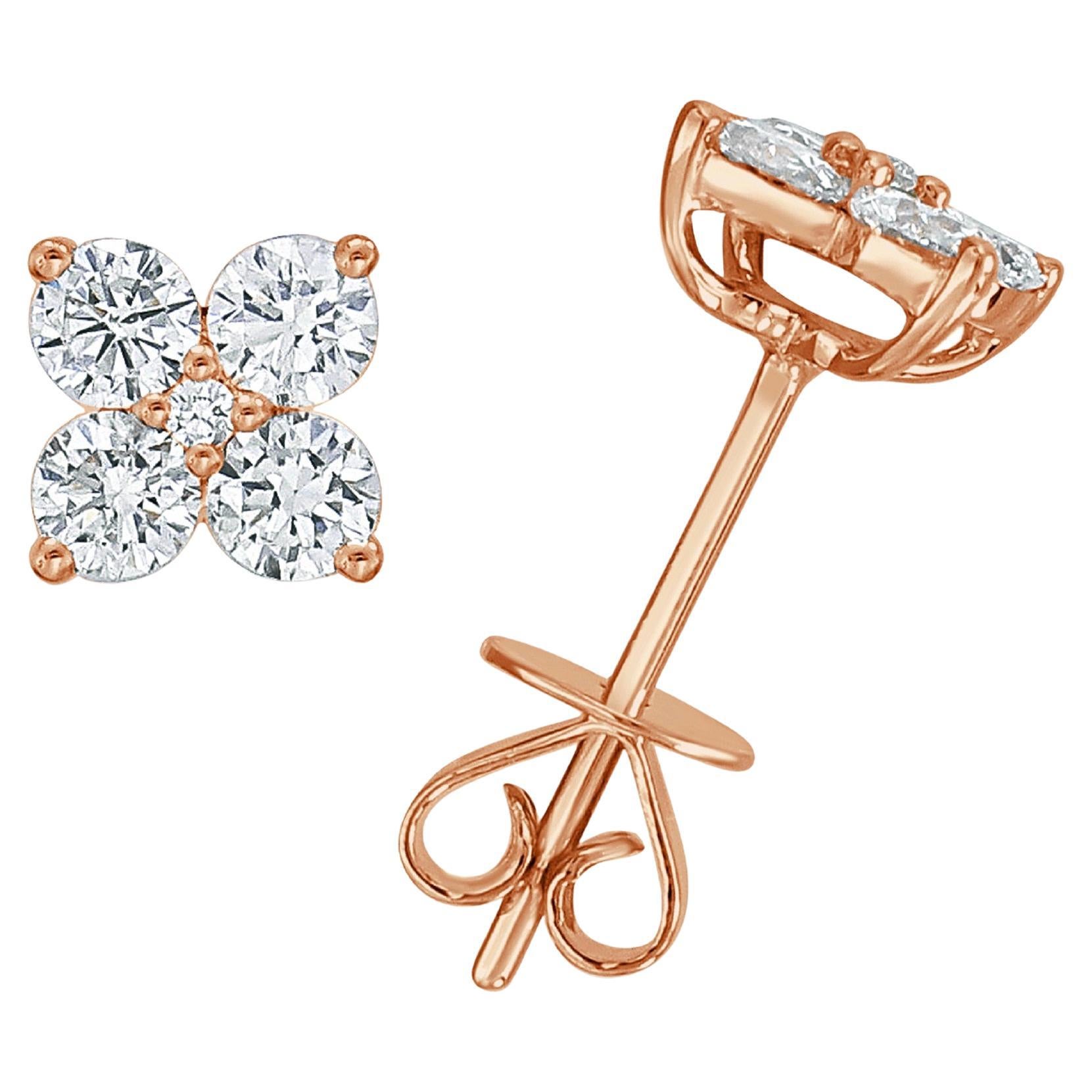 14K Rose Gold .30ct Diamond Flower Stud Earrings for Her For Sale