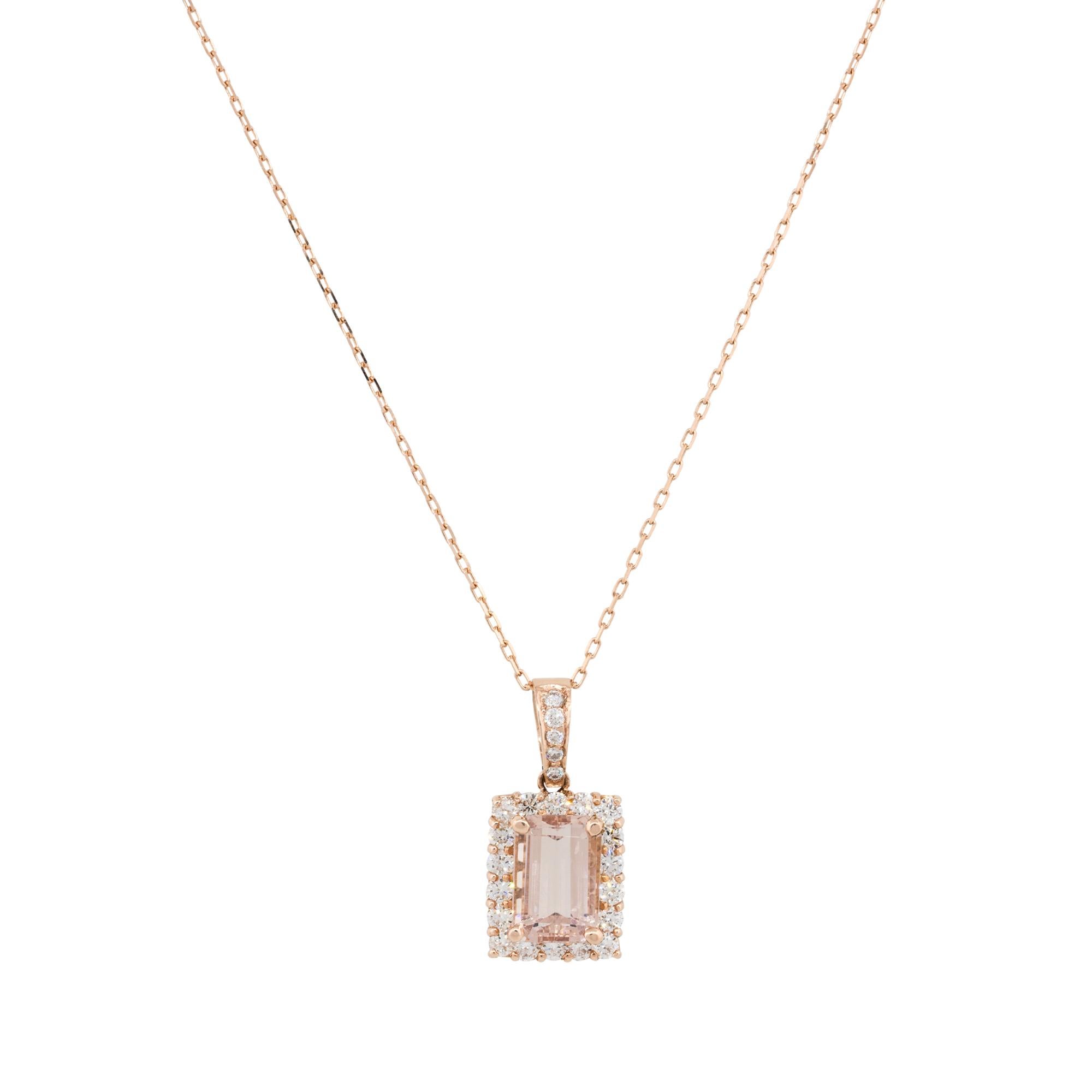 Material: 14k Rose Gold
Diamond Details: Approx. 1.09ctw of round cut Diamonds. Diamonds are F in color and VS in clarity
Gemstone Details: Approx. 3.28ctw emerald shape Morganite gemstone
Clasps: Lobster clasp
Total Weight: 6.2g (4.0dwt)
Pendant