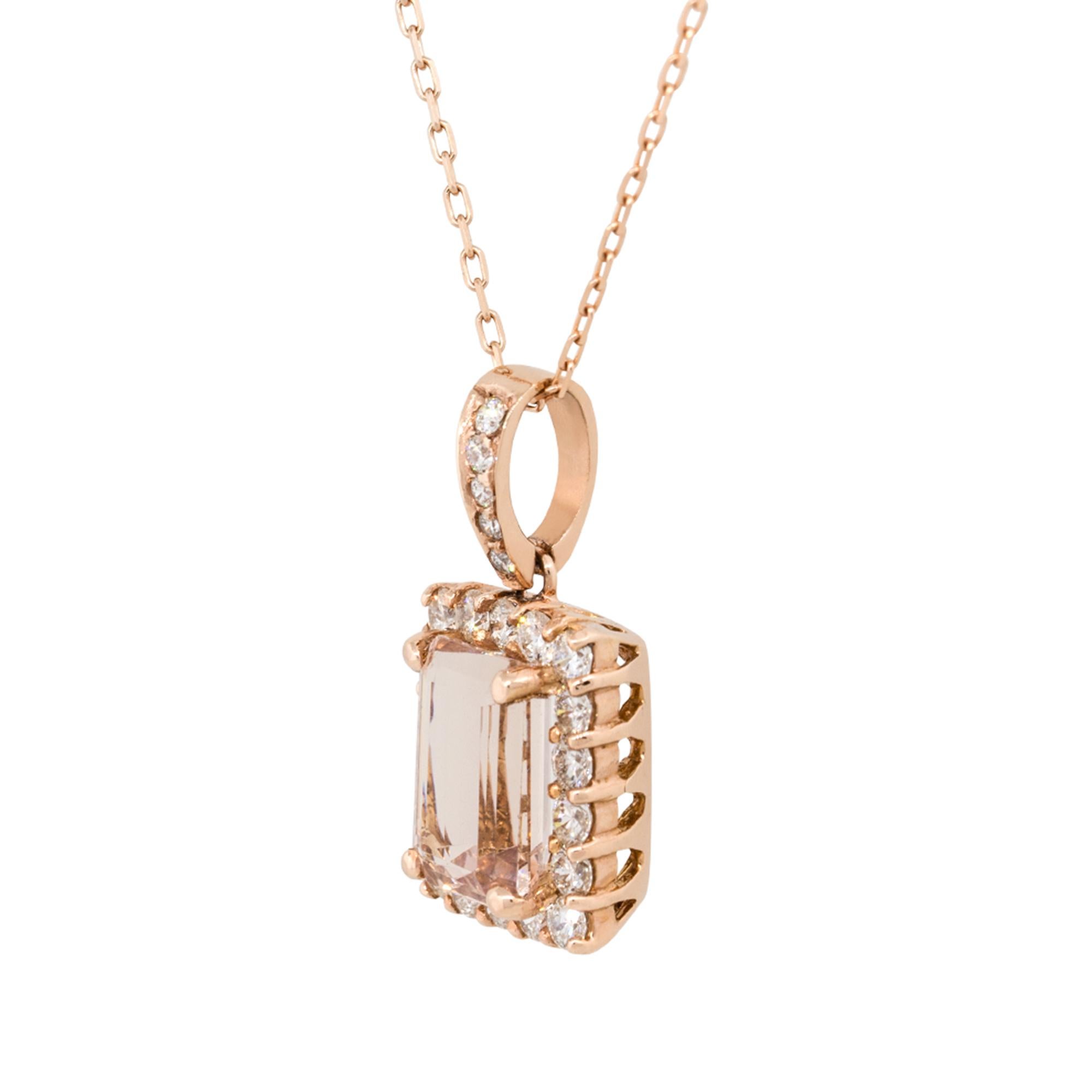 Emerald Cut 14 Karat Rose Gold 3.28 Carat Emerald Shape Morganite Diamond Pendant Necklace