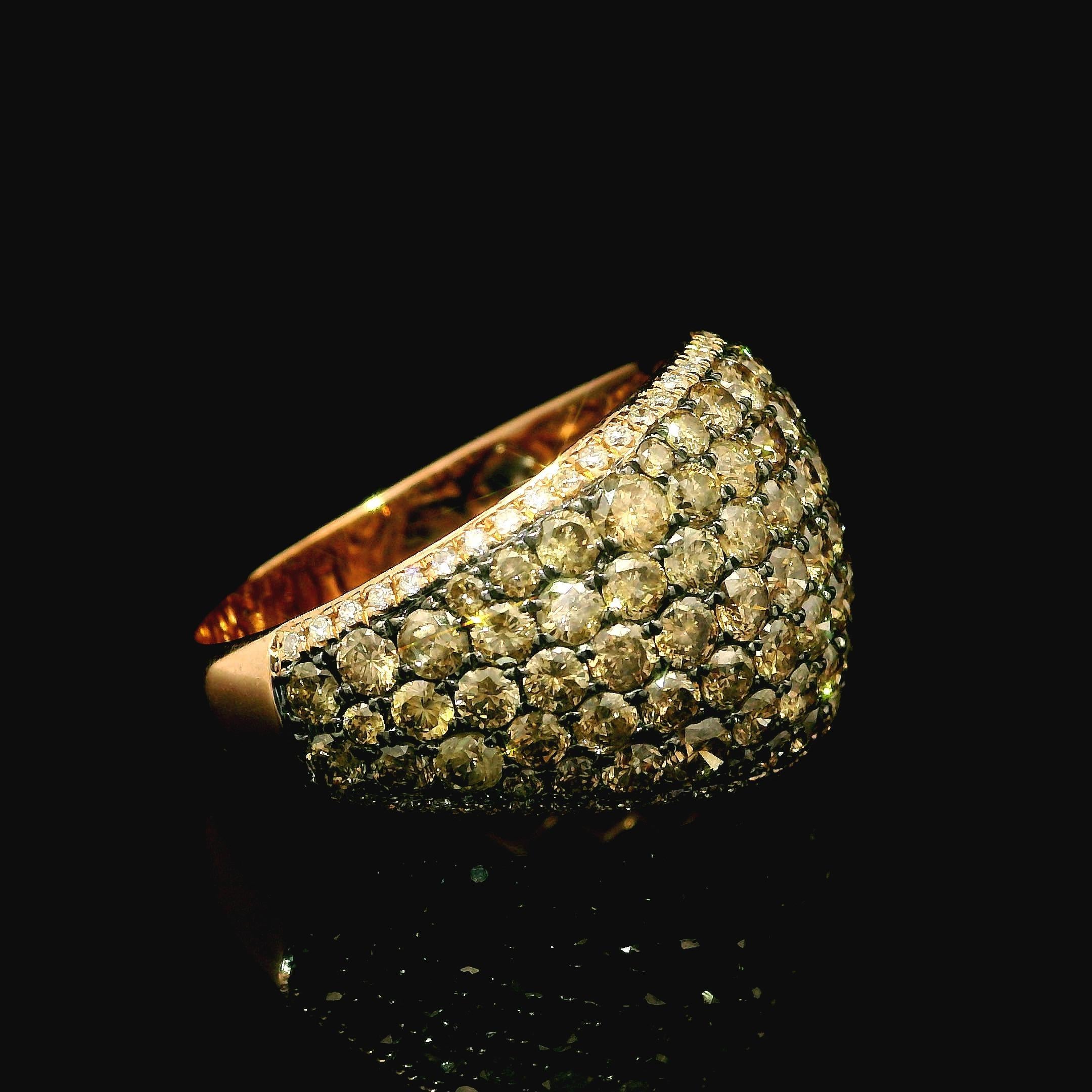 14k Rose Gold 3.3ctw White & Fancy Champagne Diamond 15.1mm Wide Domed Band Ring In Excellent Condition For Sale In Montclair, NJ