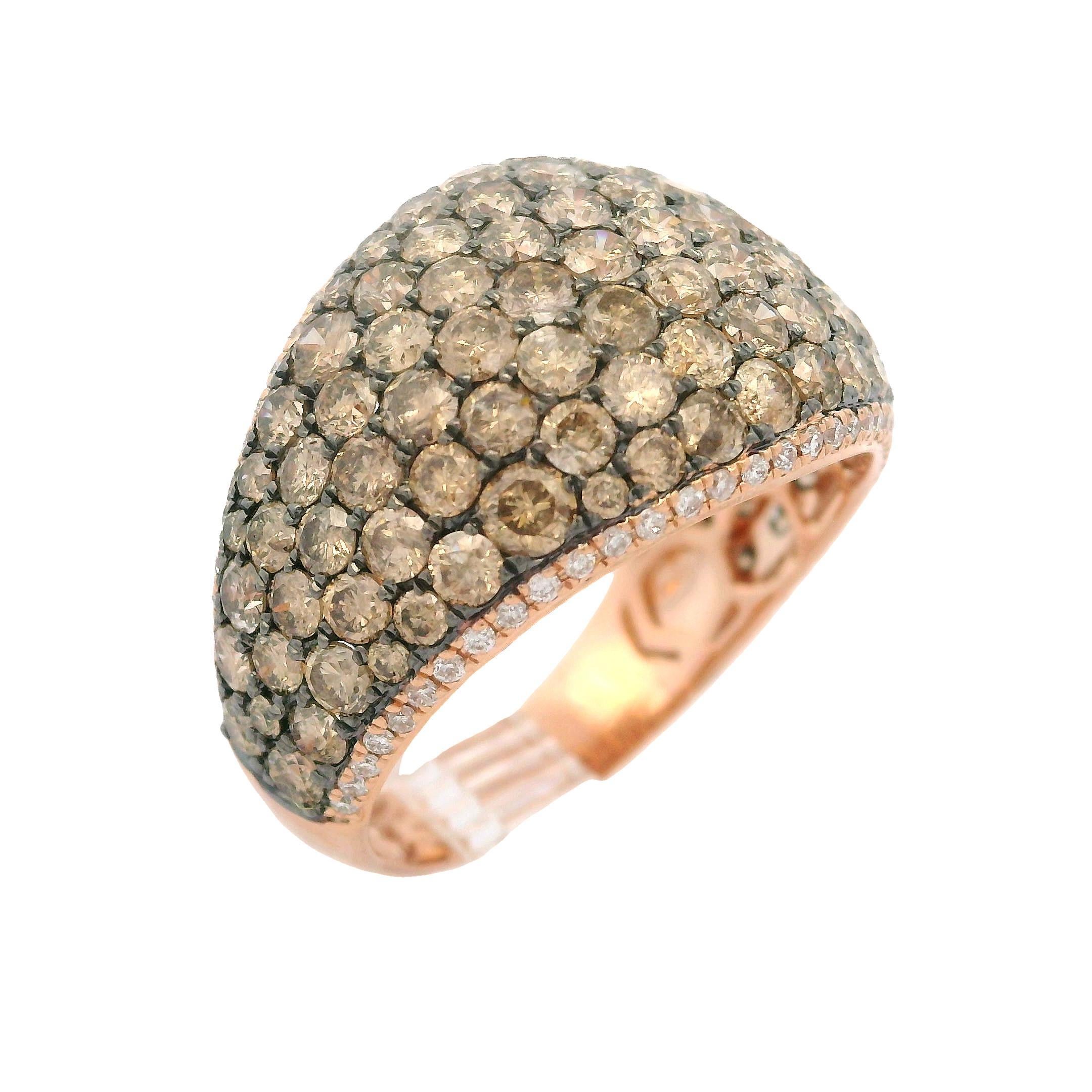 14k Rose Gold 3.3ctw White & Fancy Champagne Diamond 15.1mm Wide Domed Band Ring For Sale 3