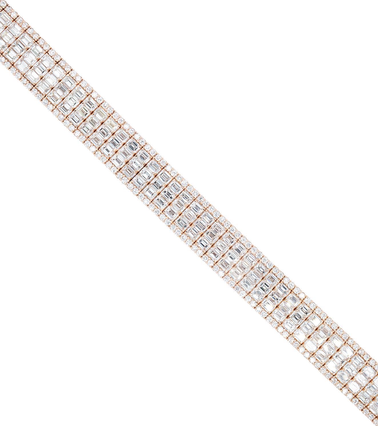 14k Rose Gold 35.0ctw Natural Emerald Cut Bracelet and Round Brilliant Diamonds For Sale 1