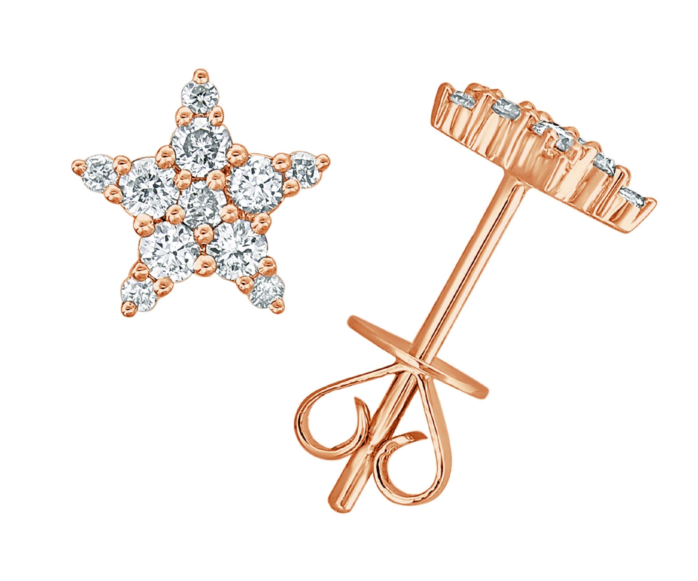 Taille baguette Clous d'oreilles étoile en or rose 14 carats avec diamants de 0,35 carat pour elle en vente