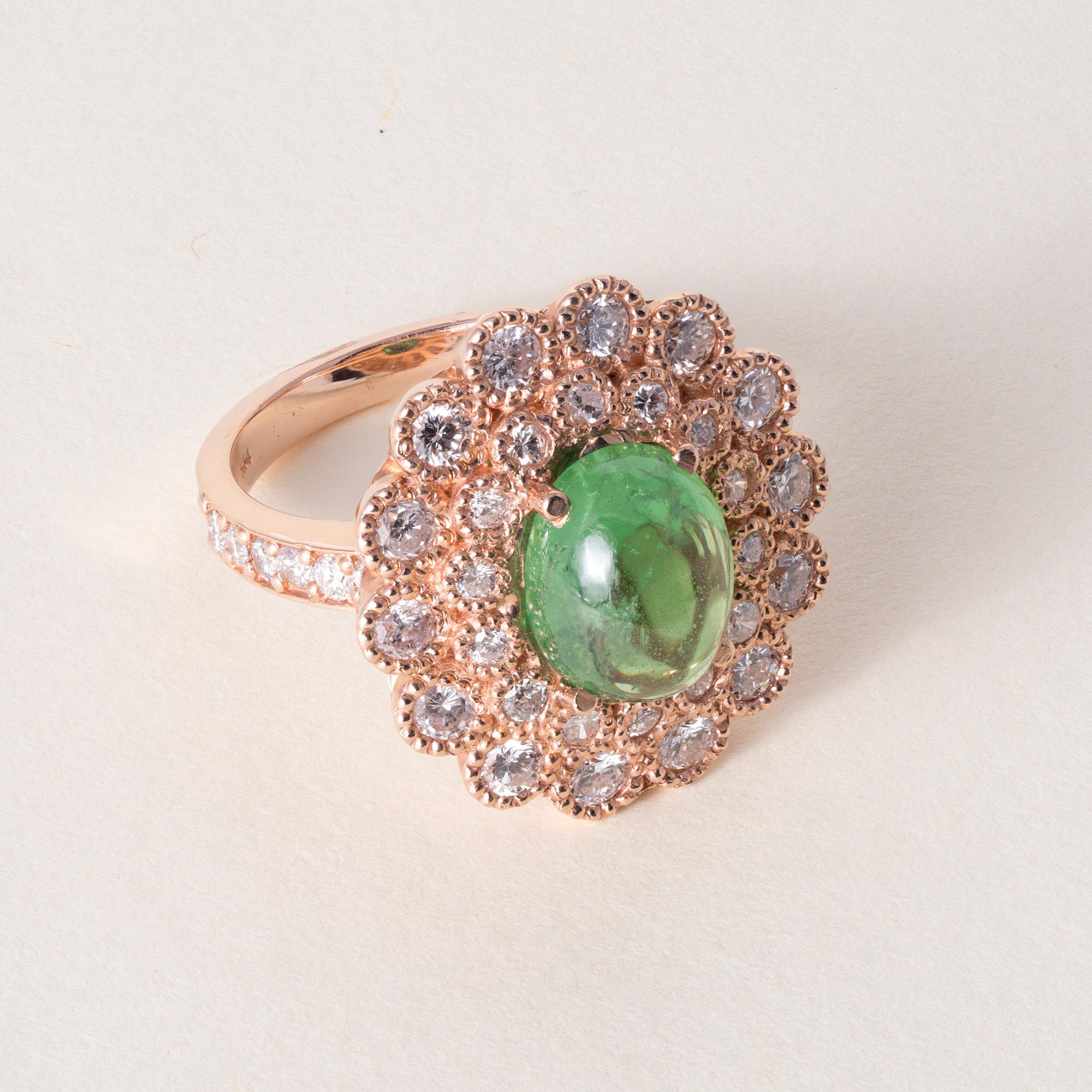 Anello a doppio anello con granato tsavorite e diamante da 3,95 carati in oro rosa 14 carati

Vivido e accattivante, questo anello contemporaneo con granato tsavorite e diamanti è una celebrazione del colore e della maestria artigianale. Al centro