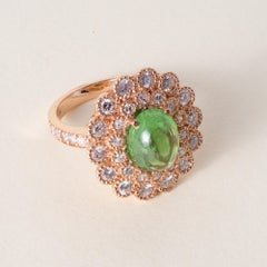 14K Rose Gold 3.95ct Tsavorite Cabochon Diamond Floral Ring