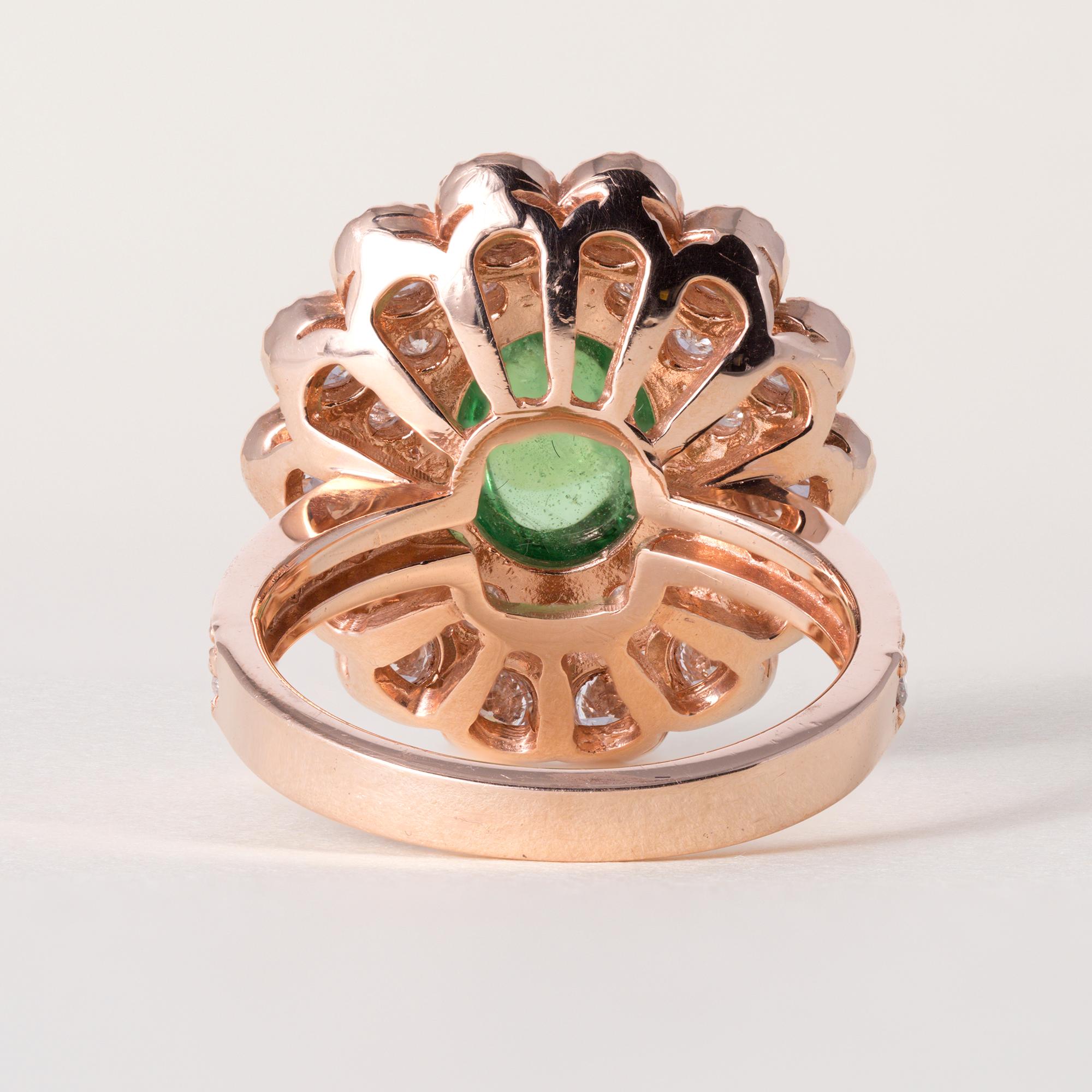 Anello floreale in oro rosa 14K con tsavorite cabochon e diamante da 3,95 carati In condizioni buone in vendita a Los Angeles, CA