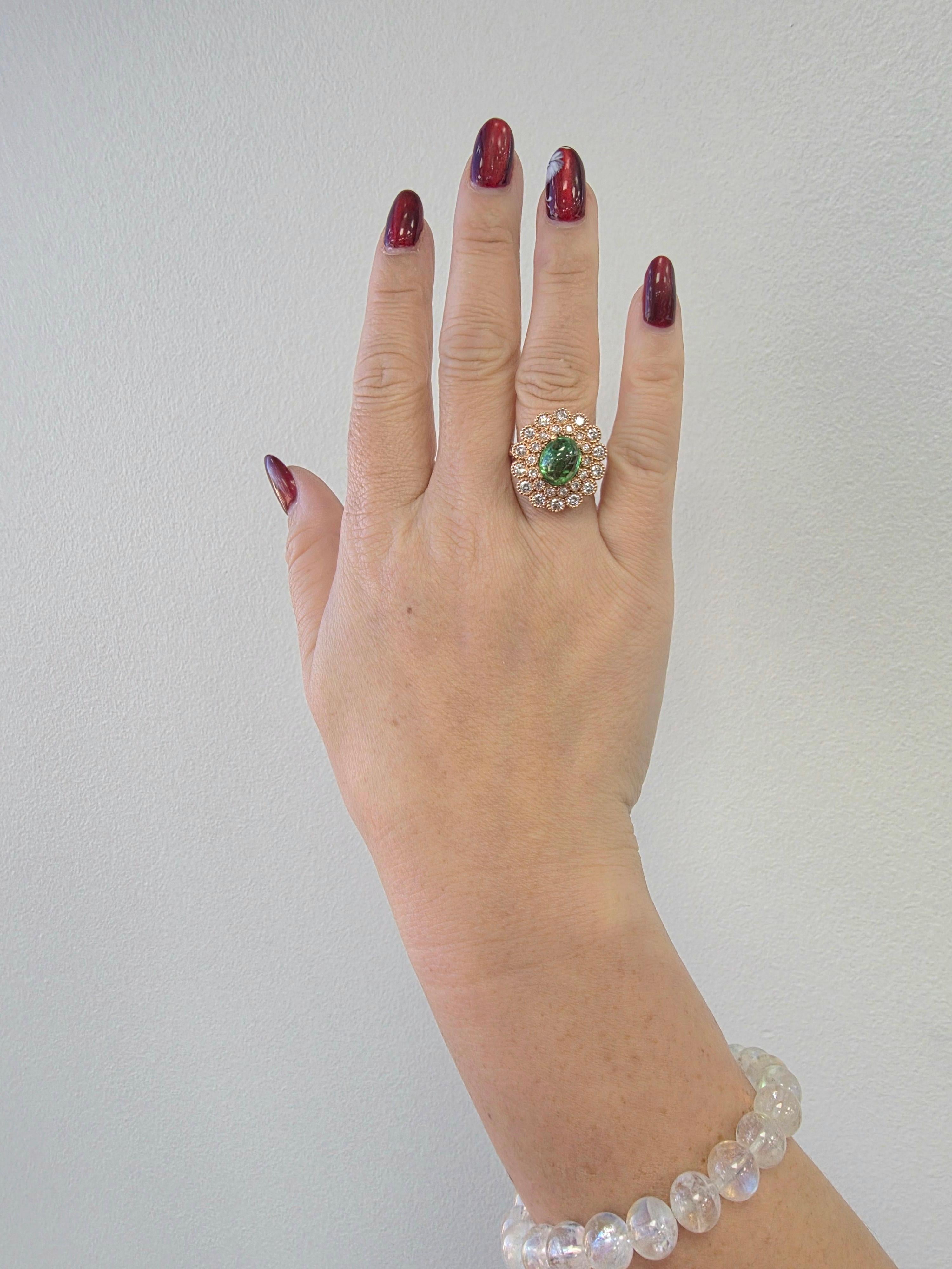 Anello floreale in oro rosa 14K con tsavorite cabochon e diamante da 3,95 carati in vendita 1