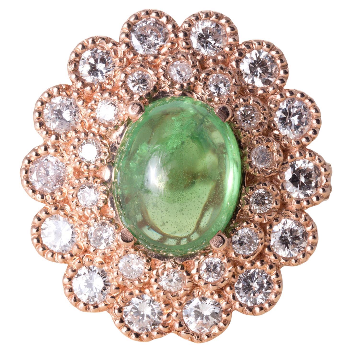 Anello floreale in oro rosa 14K con tsavorite cabochon e diamante da 3,95 carati in vendita