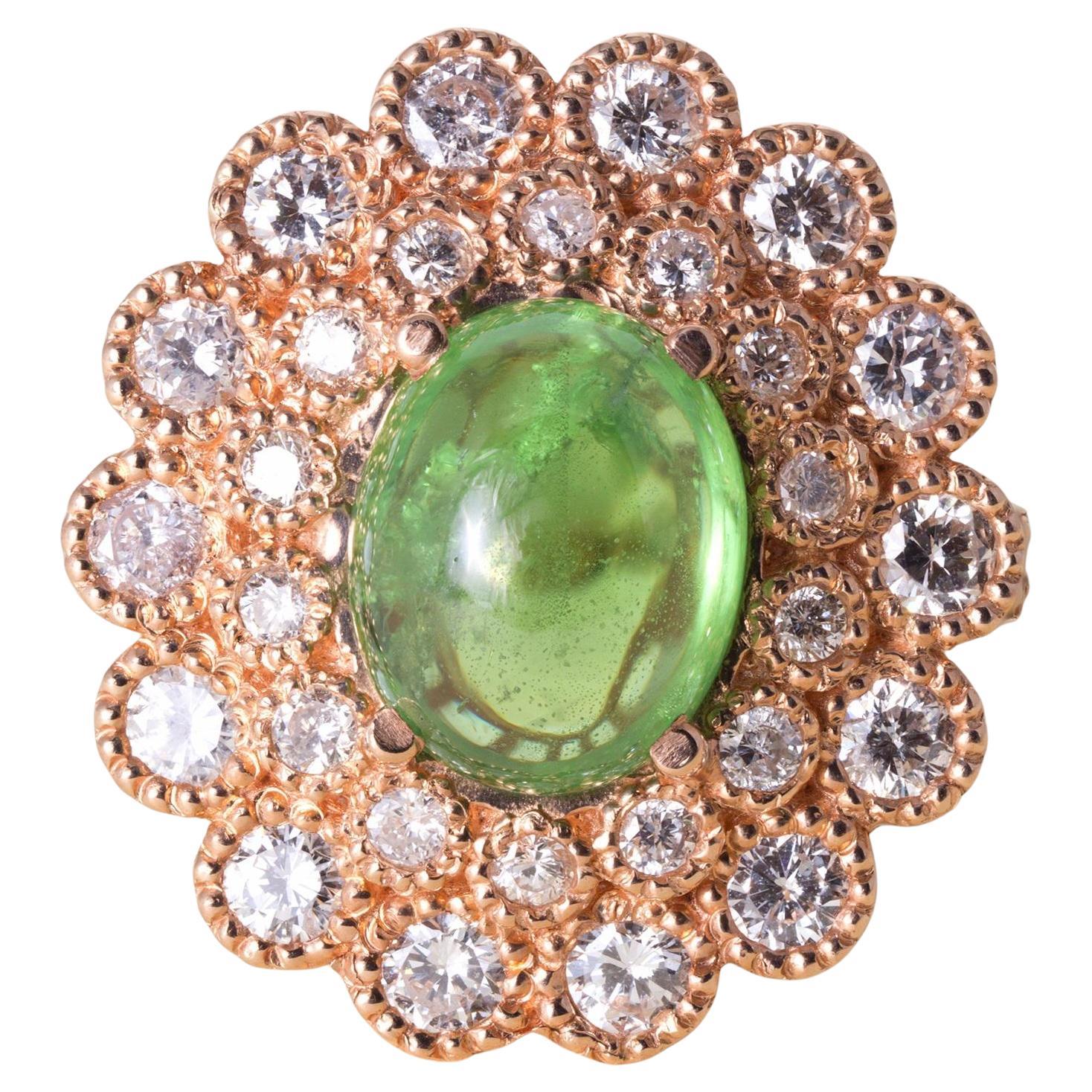 14K Rose Gold 3.95ct Tsavorite Cabochon Diamond Floral Ring For Sale