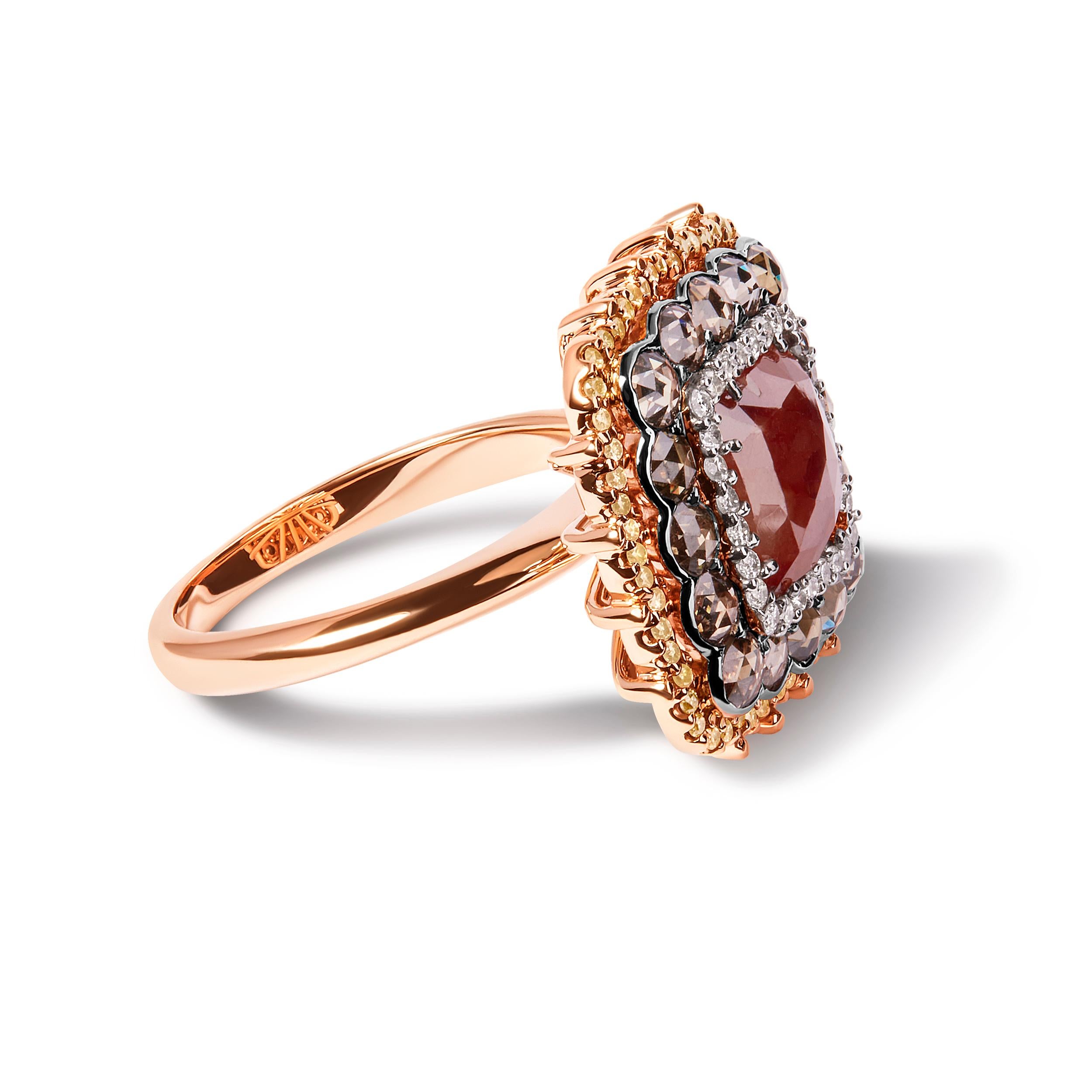 Introducing a captivating masterpiece that exudes elegance and sophistication. Crafted in enchanting 14K rose gold, this extraordinary cocktail ring is a testament to your impeccable taste. Adorned with a remarkable 4 1/3 carat total weight of fancy