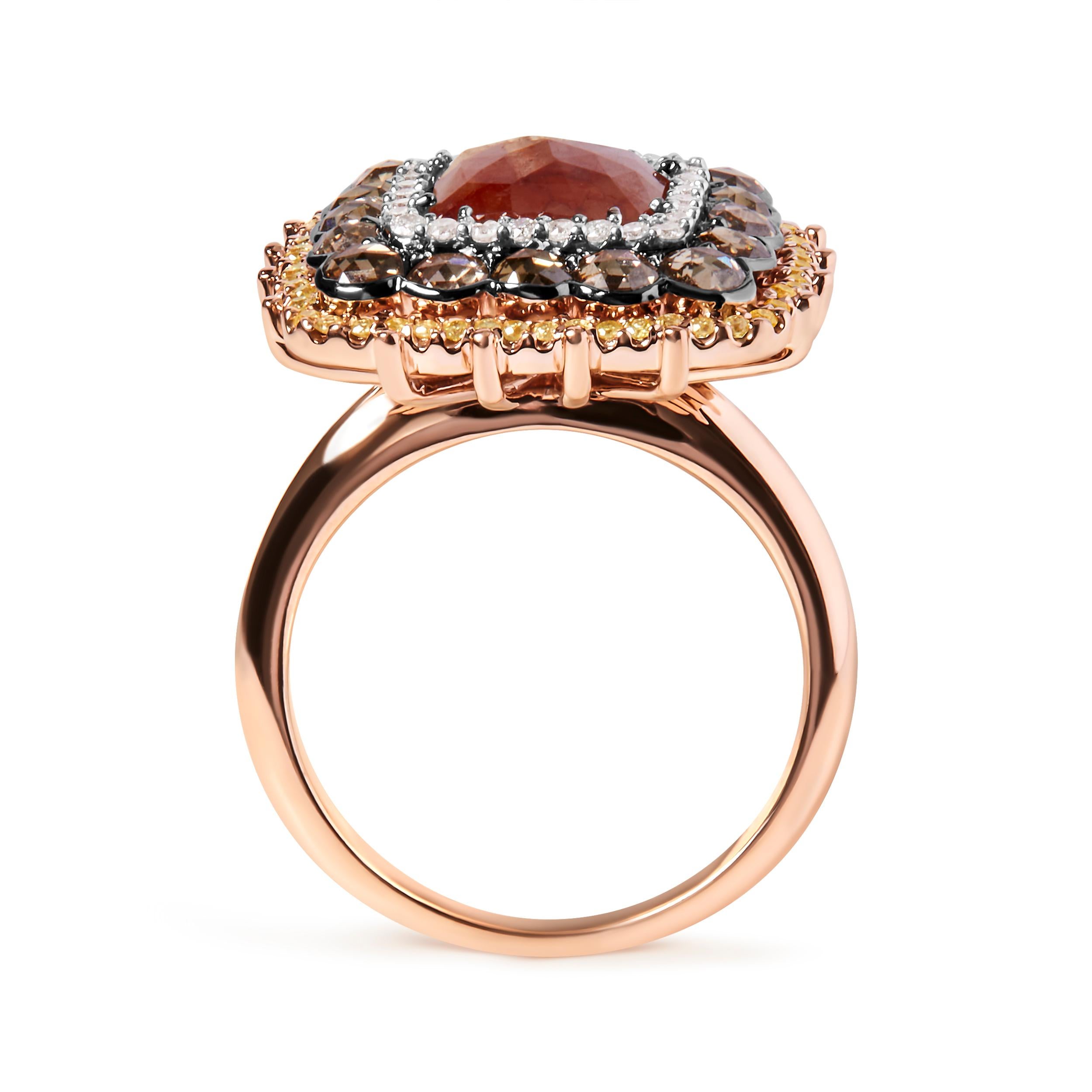 14K Rose Gold 4 1/3 Carat Fancy Color Rose Cut Diamond Triple Halo Cocktail Ring In New Condition For Sale In New York, NY