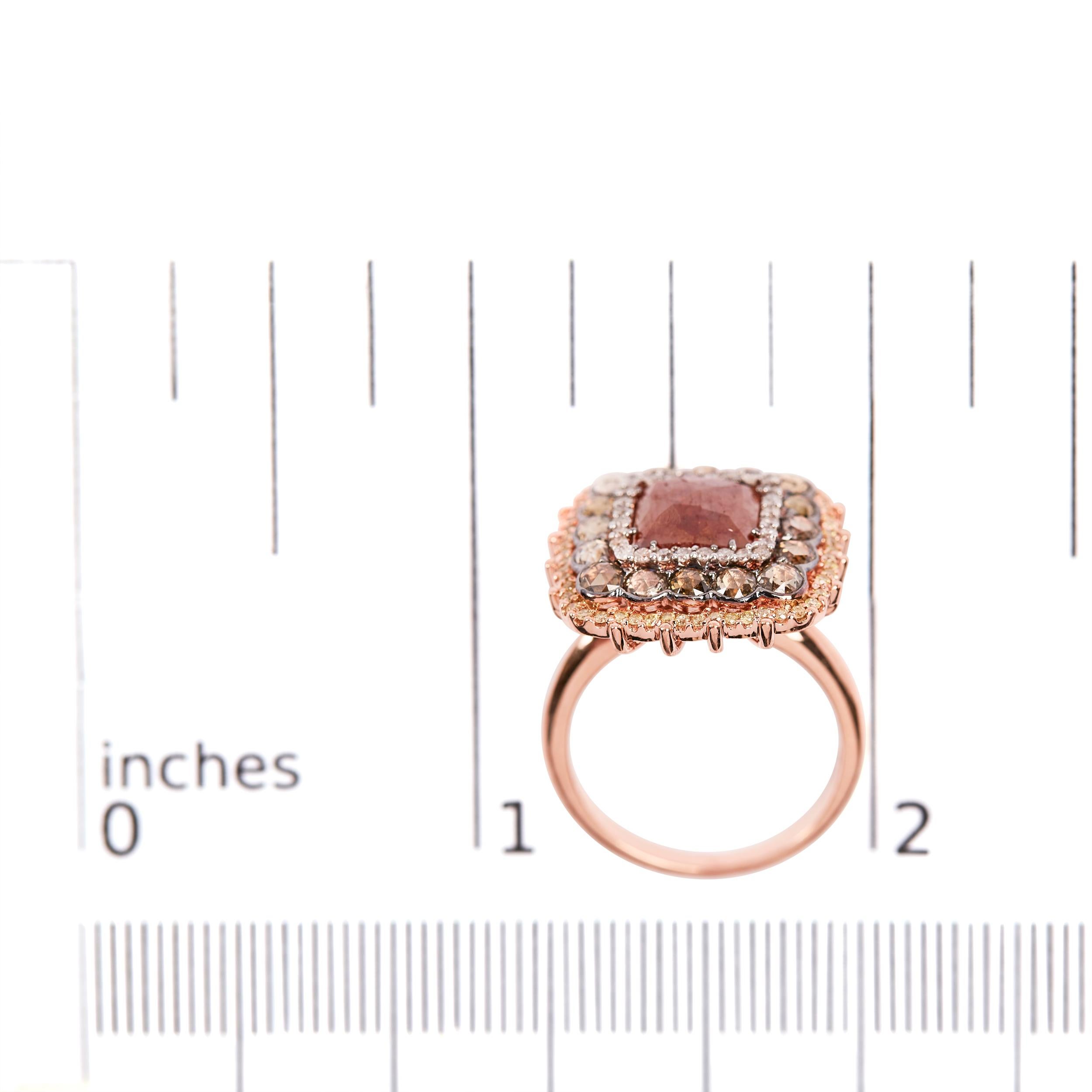 14K Rose Gold 4 1/3 Carat Fancy Color Rose Cut Diamond Triple Halo Cocktail Ring For Sale 1