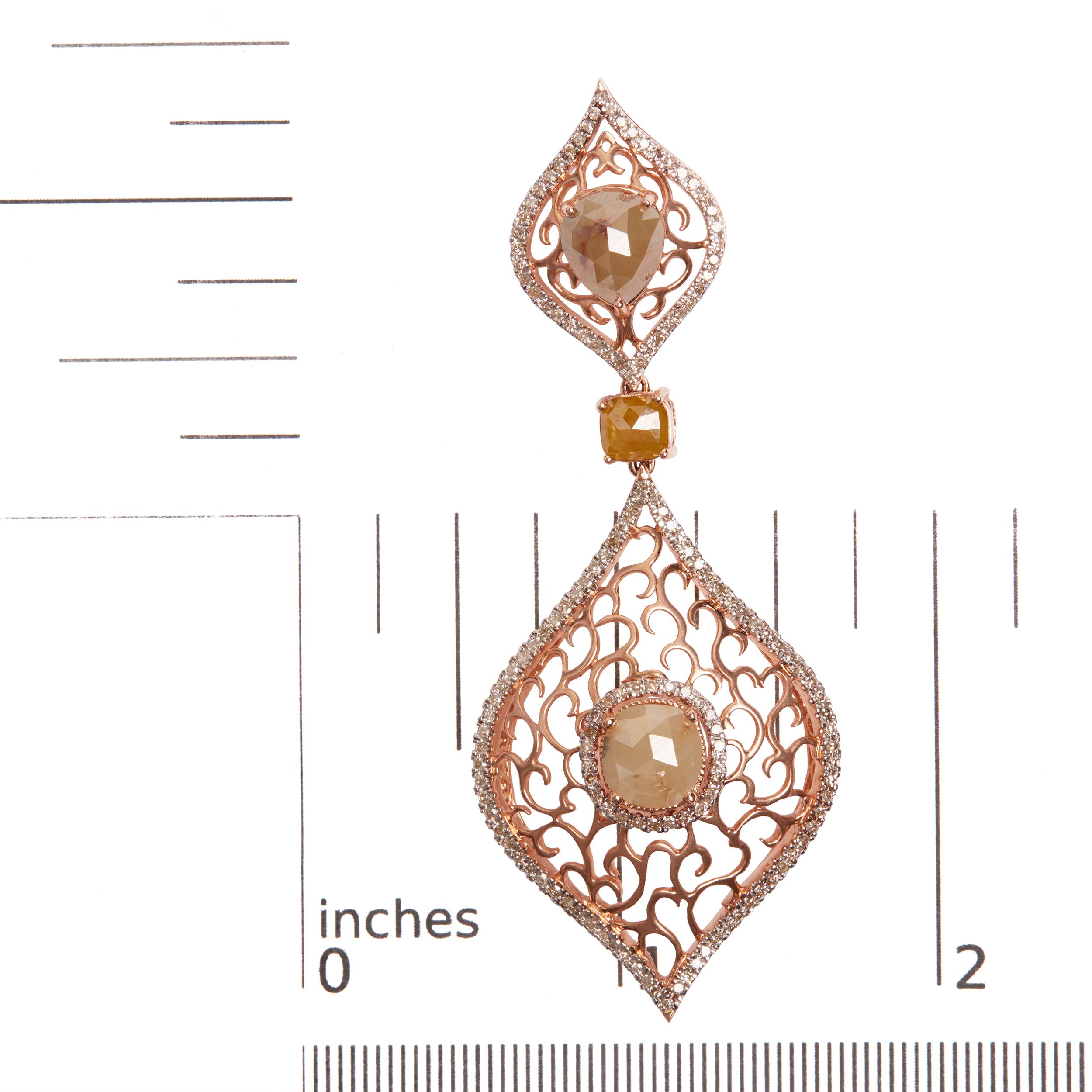 Round Cut 14K Rose Gold 4 5/8 Carat Diamond Double Floral Rhombus Pendant Necklace For Sale