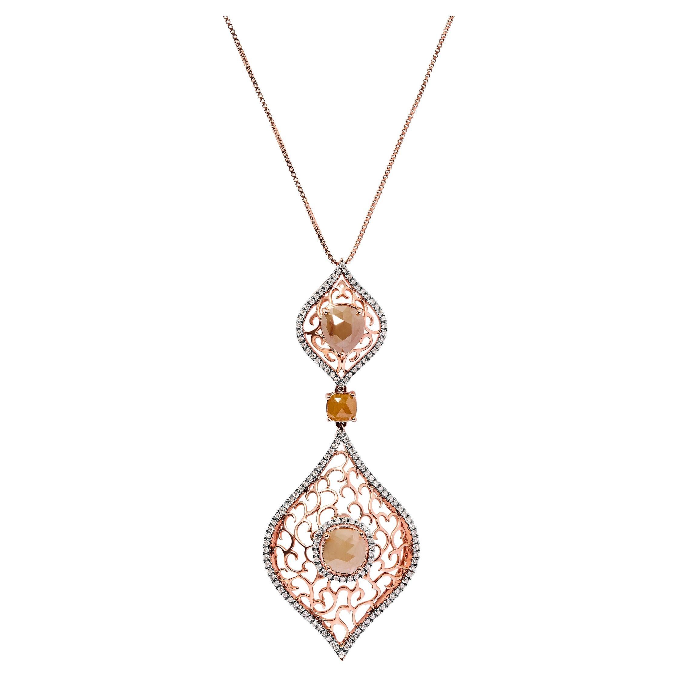Rhombus-Halskette, 14 Karat Roségold, 4 5/8 Karat Diamant, doppelter Blumenanhänger im Angebot