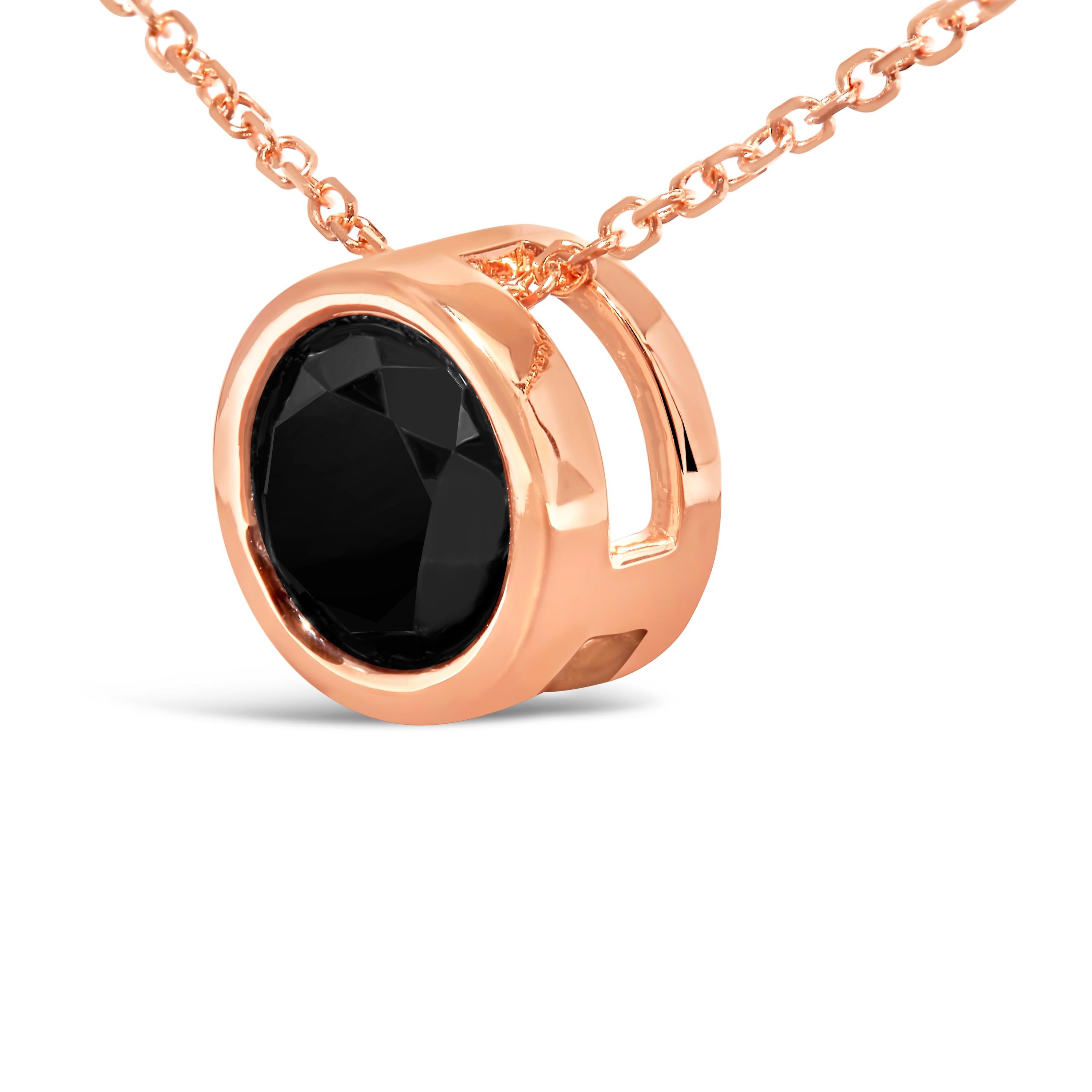 Modern 14K Rose Gold 4.0 Cttw Bezel-Set Black Round Diamond Solitaire Pendant Necklace For Sale