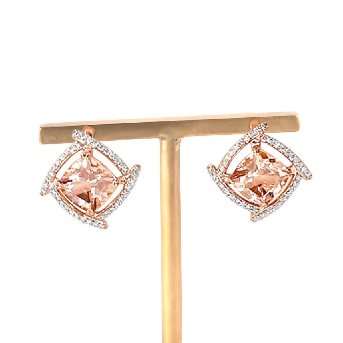 Modern 14K Rose Gold 4.11cts Morganite and Diamond Earring. Style# E4679MO For Sale