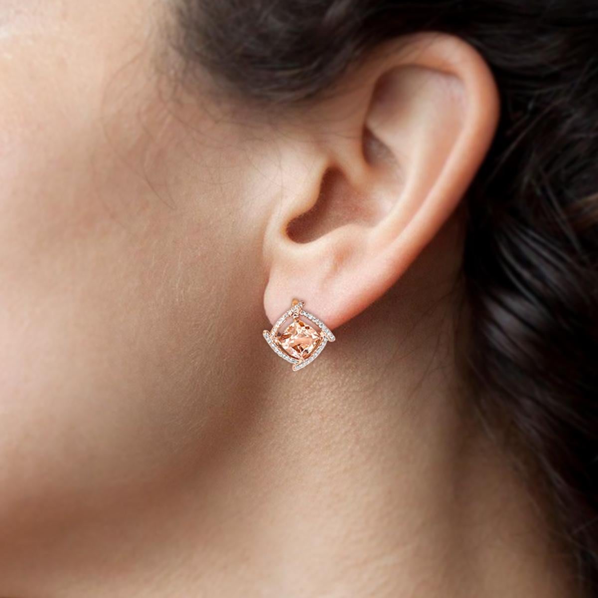 Cushion Cut 14K Rose Gold 4.11cts Morganite and Diamond Earring. Style# E4679MO For Sale