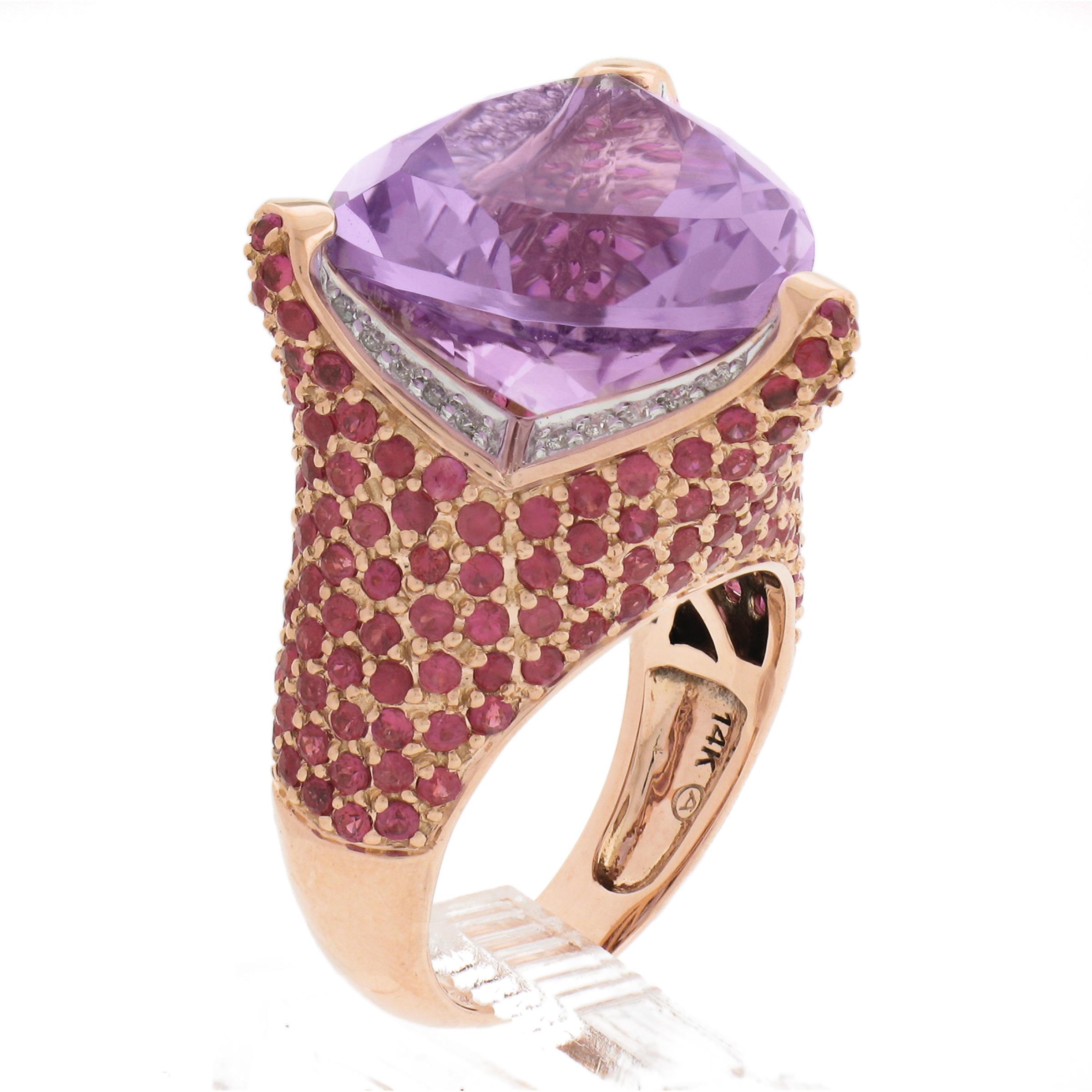 14K Rose Gold 4.25ctw Large Trillion Amethyst w/ Pink Sapphire & Diamond Ring For Sale 5