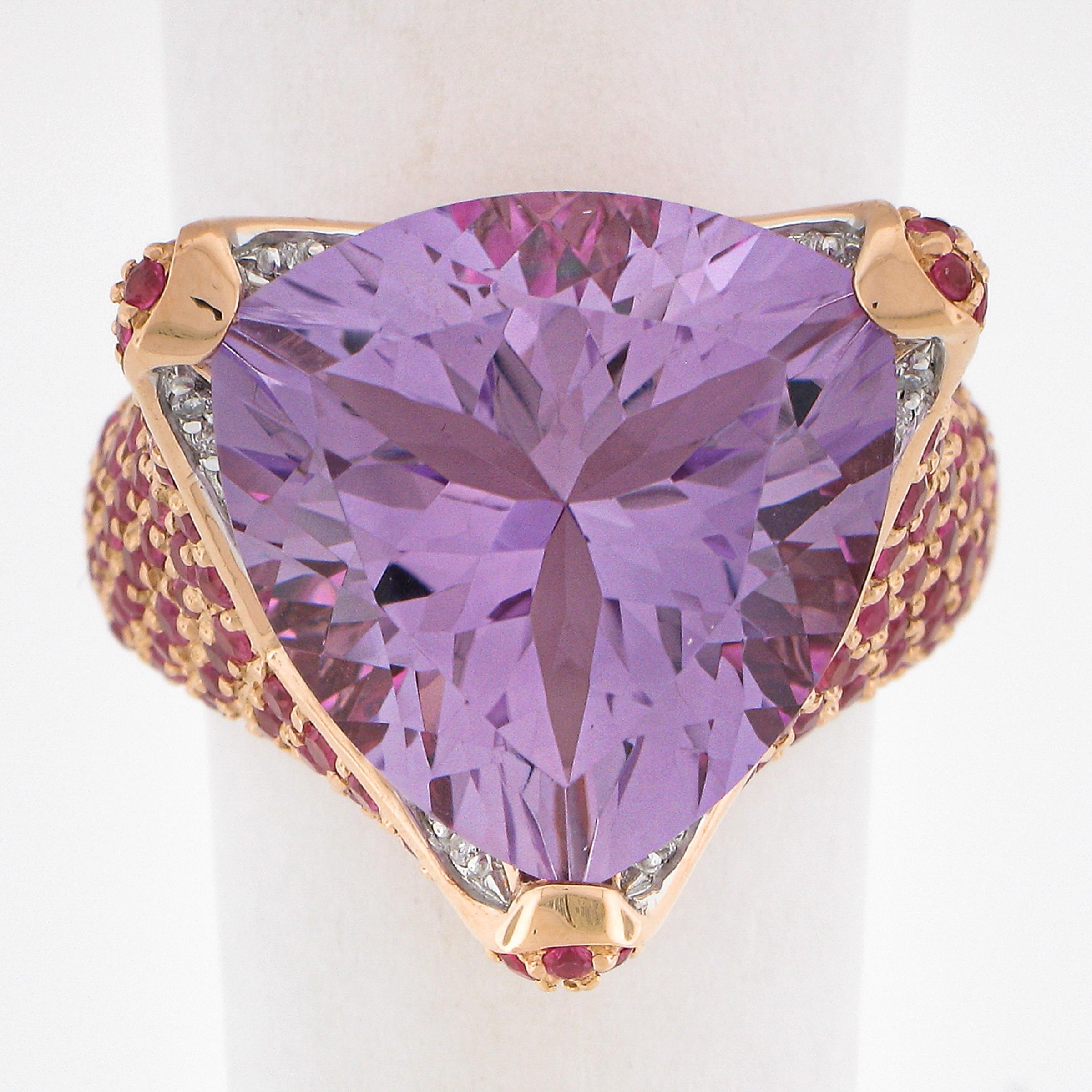 --Stone(s):--
(1) Natural Genuine Amethyst - Trillion Cut - Prong Set - Light- Medium Purple Color - 16mm (approx.)
(30) Natural Genuine Diamonds - Round Brilliant Cut - Pave Set - SI1-I2 Clarity - G-I Color - 0.25ctw (approx.)
Numerous Natural