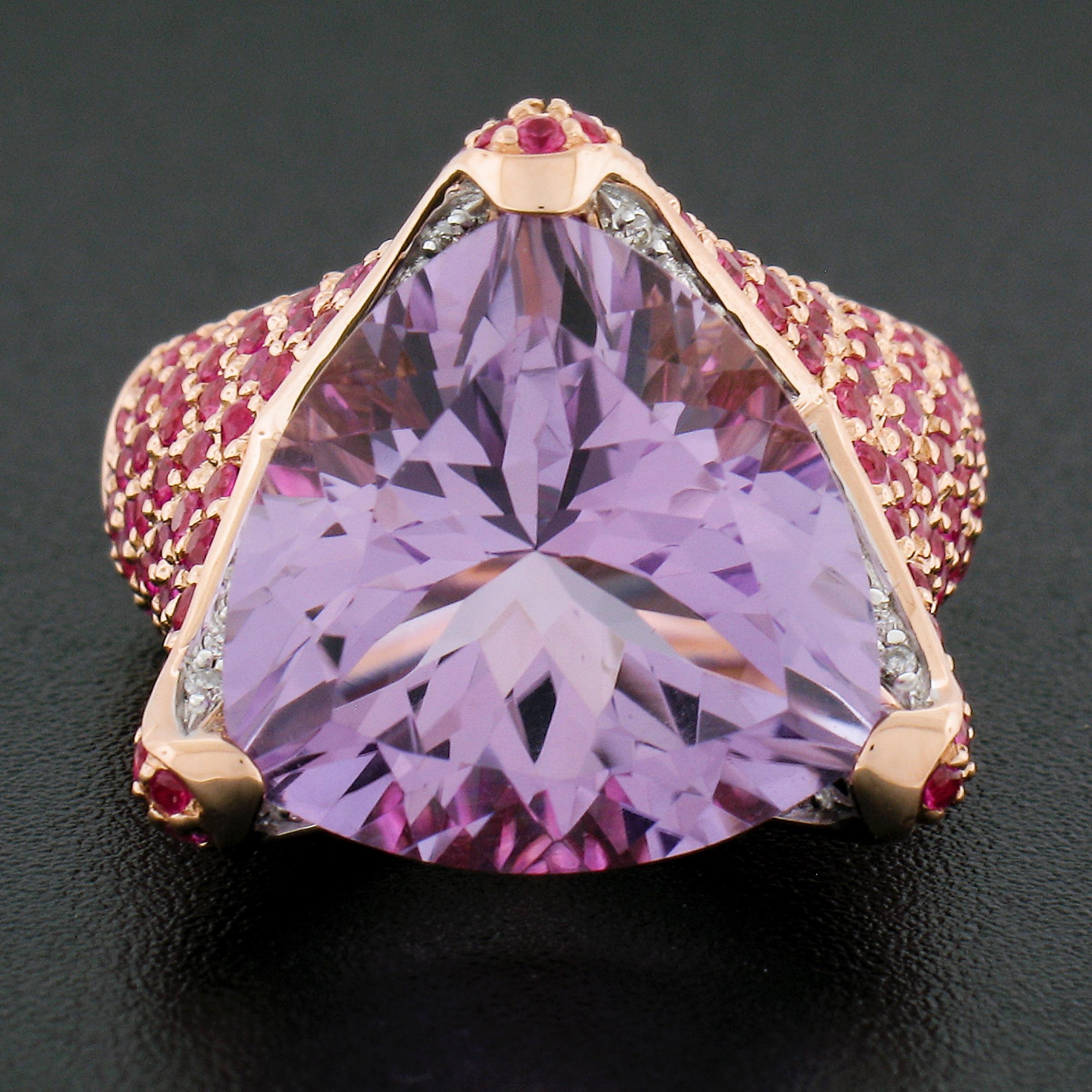 Trillion Cut 14K Rose Gold 4.25ctw Large Trillion Amethyst w/ Pink Sapphire & Diamond Ring For Sale