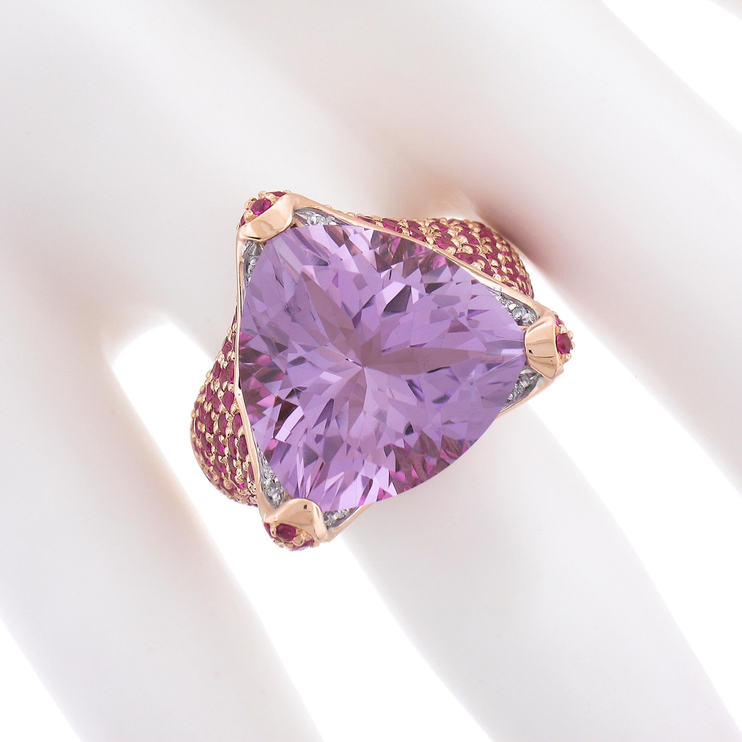 14K Rose Gold 4.25ctw Large Trillion Amethyst w/ Pink Sapphire & Diamond Ring In Excellent Condition For Sale In Montclair, NJ