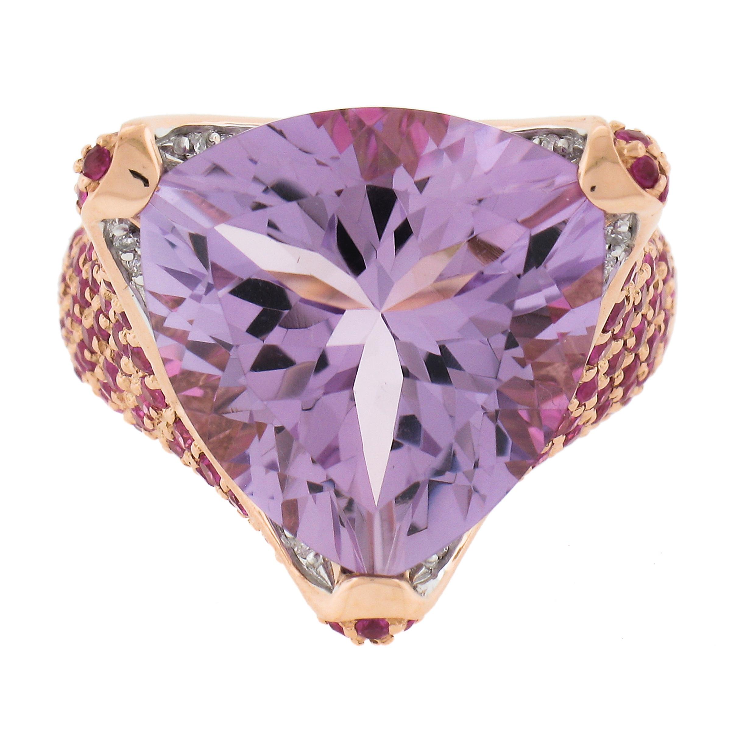 Women's 14K Rose Gold 4.25ctw Large Trillion Amethyst w/ Pink Sapphire & Diamond Ring For Sale