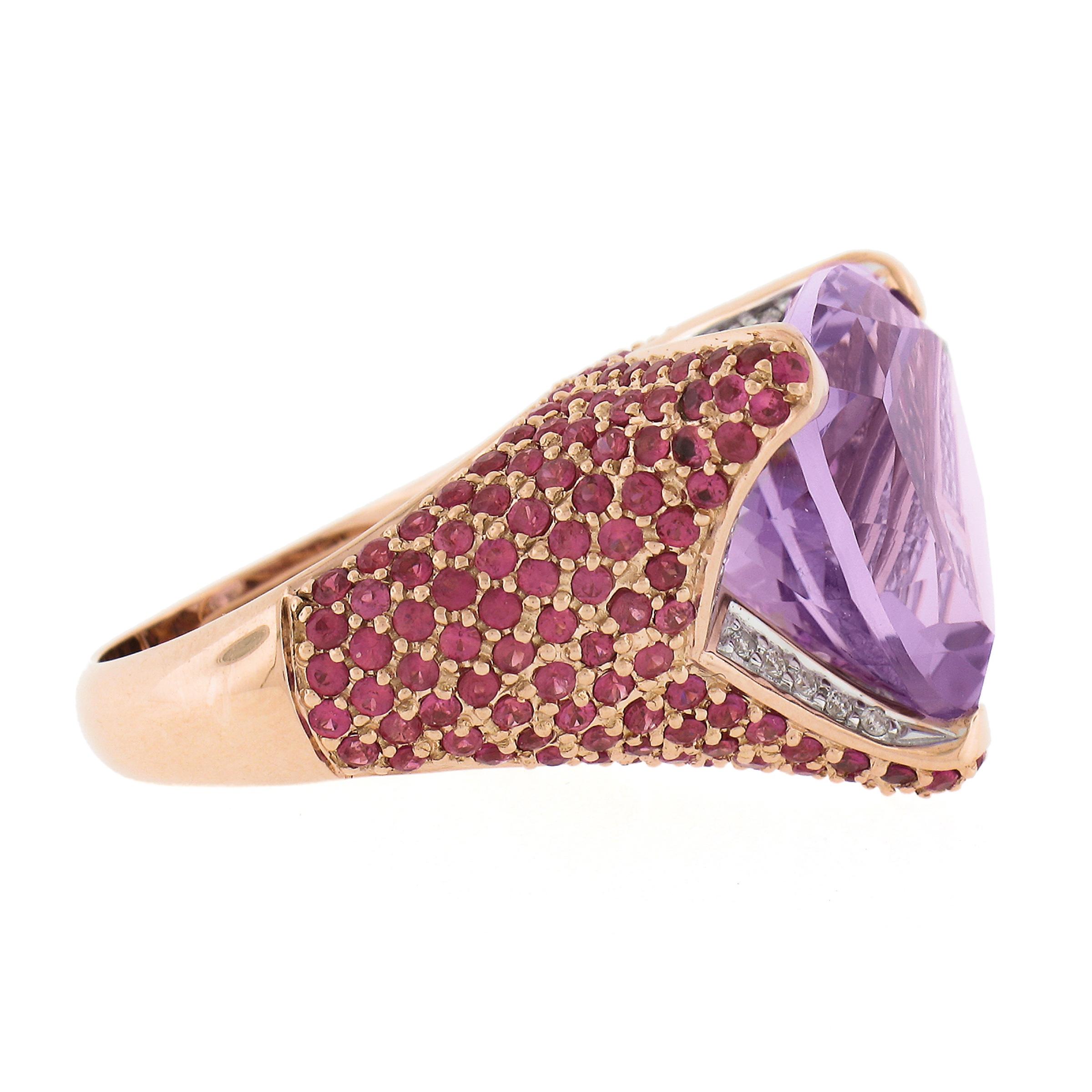 14K Rose Gold 4.25ctw Large Trillion Amethyst w/ Pink Sapphire & Diamond Ring For Sale 1
