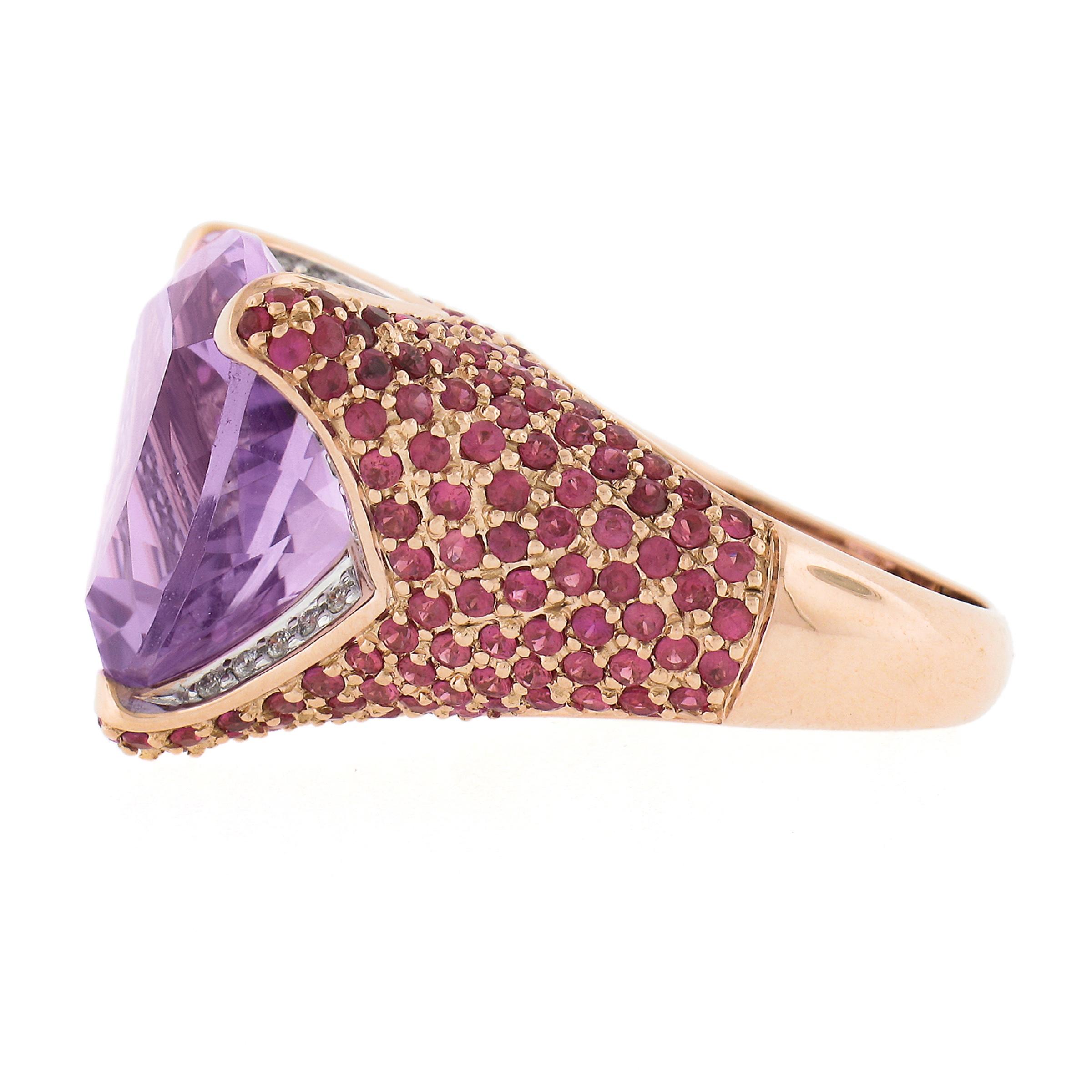 14K Rose Gold 4.25ctw Large Trillion Amethyst w/ Pink Sapphire & Diamond Ring For Sale 2