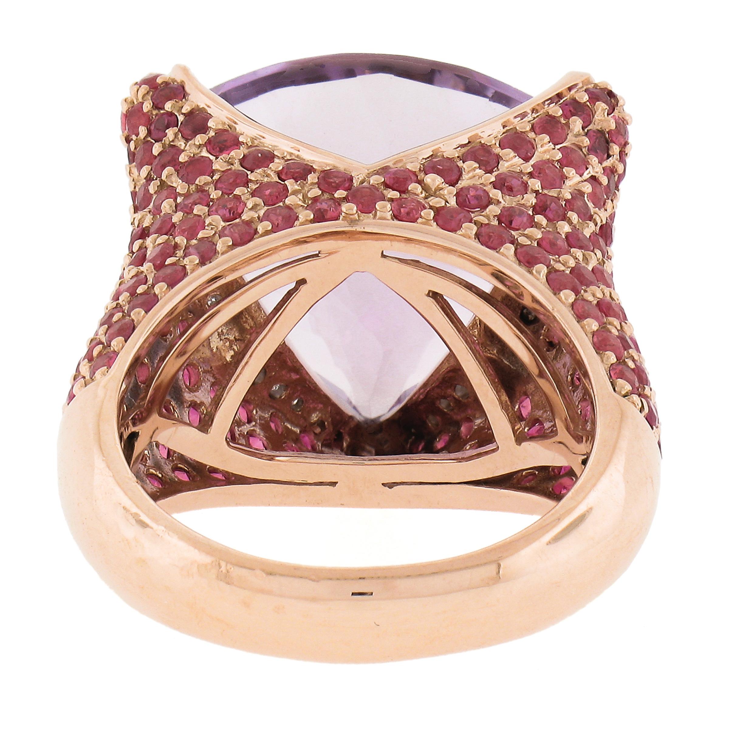 14K Rose Gold 4.25ctw Large Trillion Amethyst w/ Pink Sapphire & Diamond Ring For Sale 3