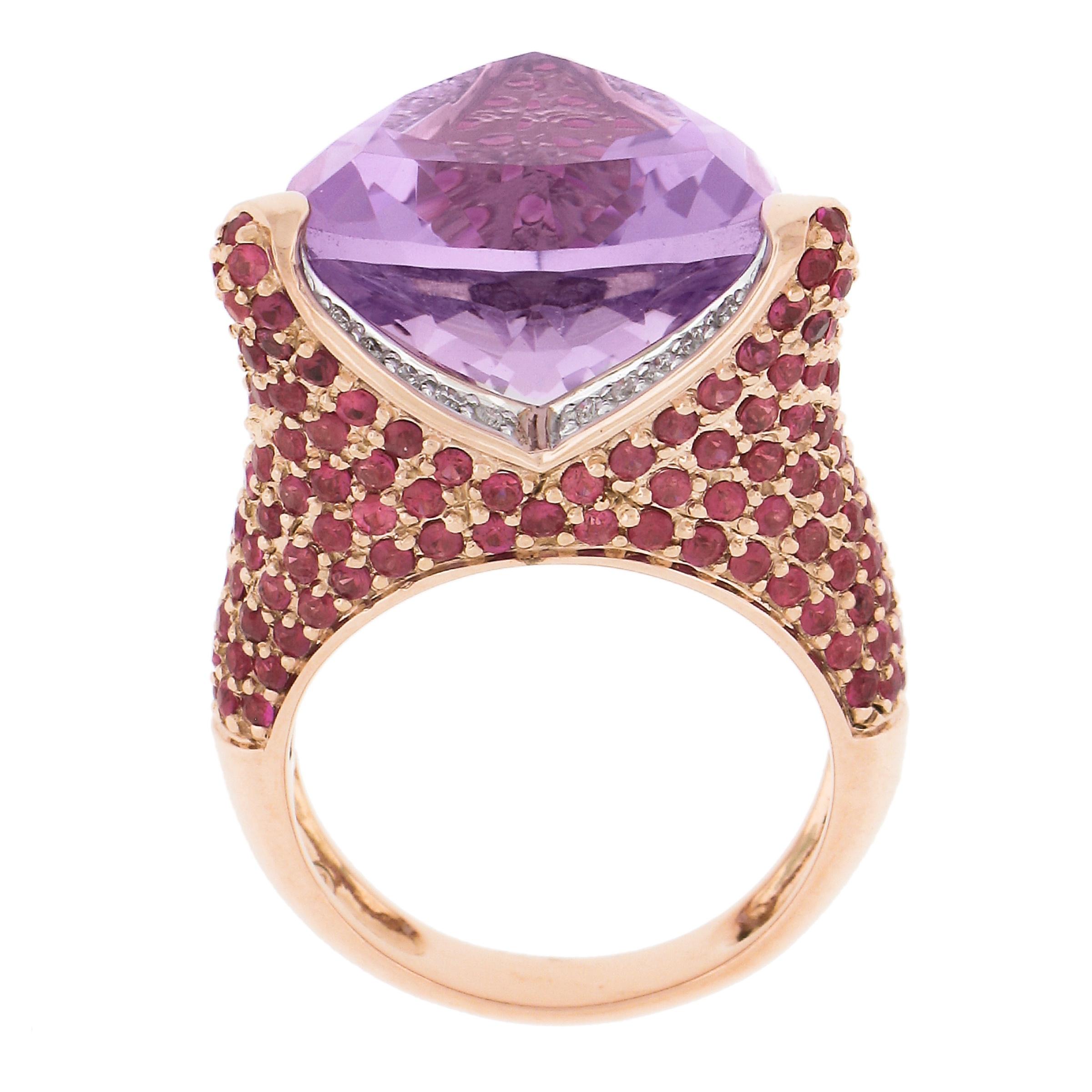 14K Rose Gold 4.25ctw Large Trillion Amethyst w/ Pink Sapphire & Diamond Ring For Sale 4