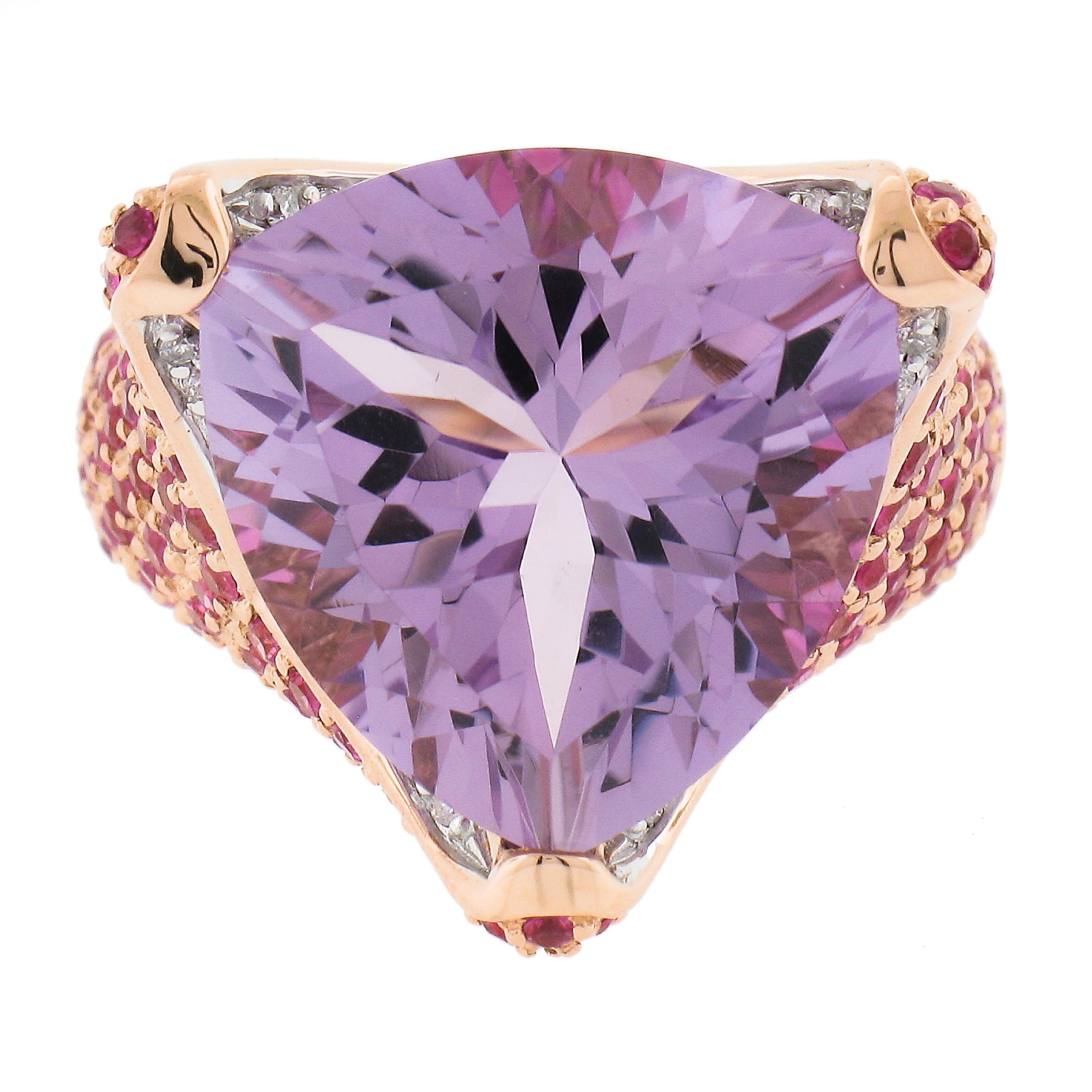14K Rose Gold 4.25ctw Large Trillion Amethyst w/ Pink Sapphire & Diamond Ring For Sale