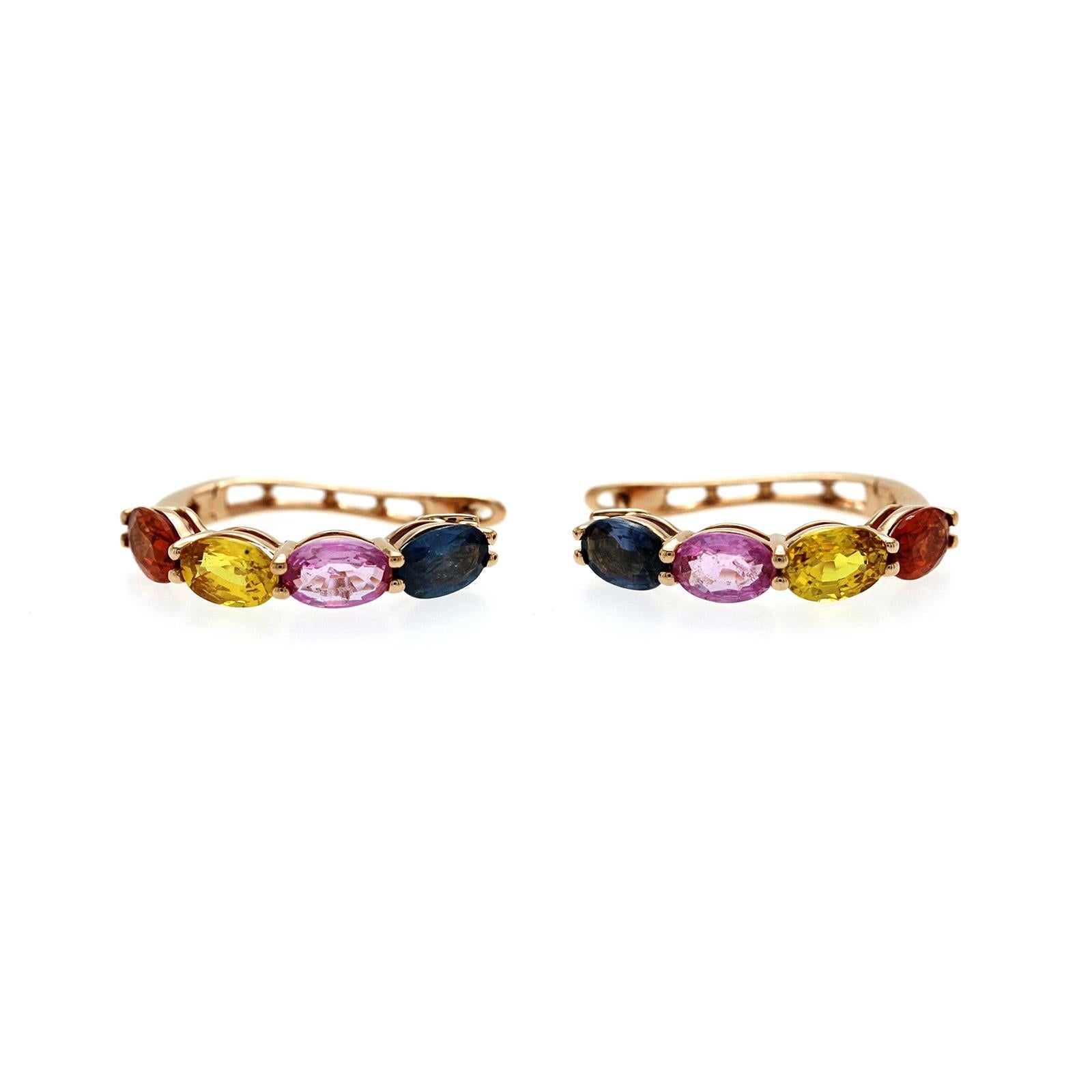 14K Rose Gold 4.54 CT Multicolor Sapphires Earrings In Excellent Condition For Sale In Los Angeles, CA
