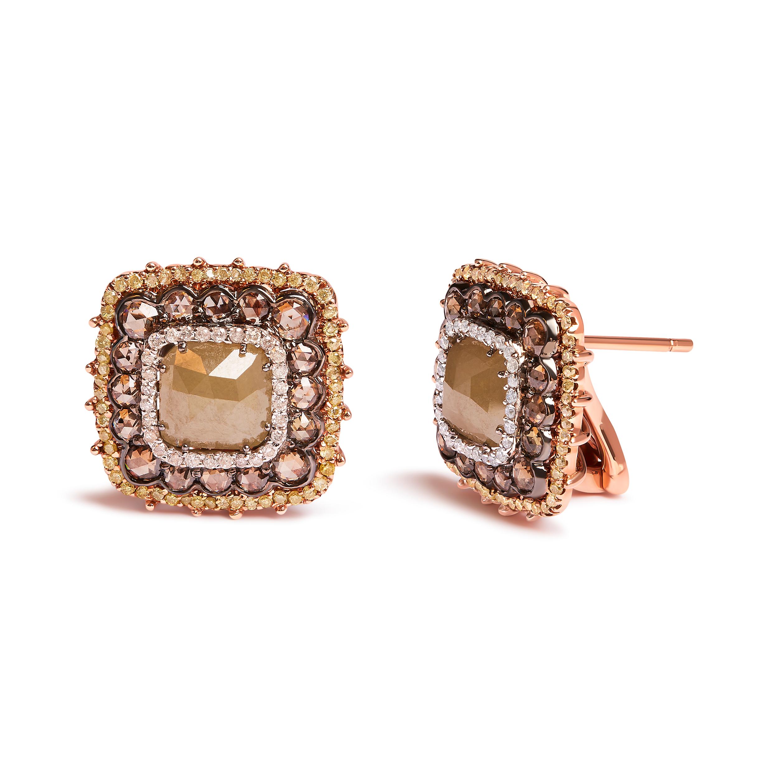 Introducing a dazzling masterpiece crafted to captivate! These 14K Rose Gold Stud Earrings boast an astonishing 5 7/8 Cttw of Fancy Color Rose Cut Diamonds, meticulously arranged in a Cushion Shape Triple Halo design. With a total of 202 diamonds,