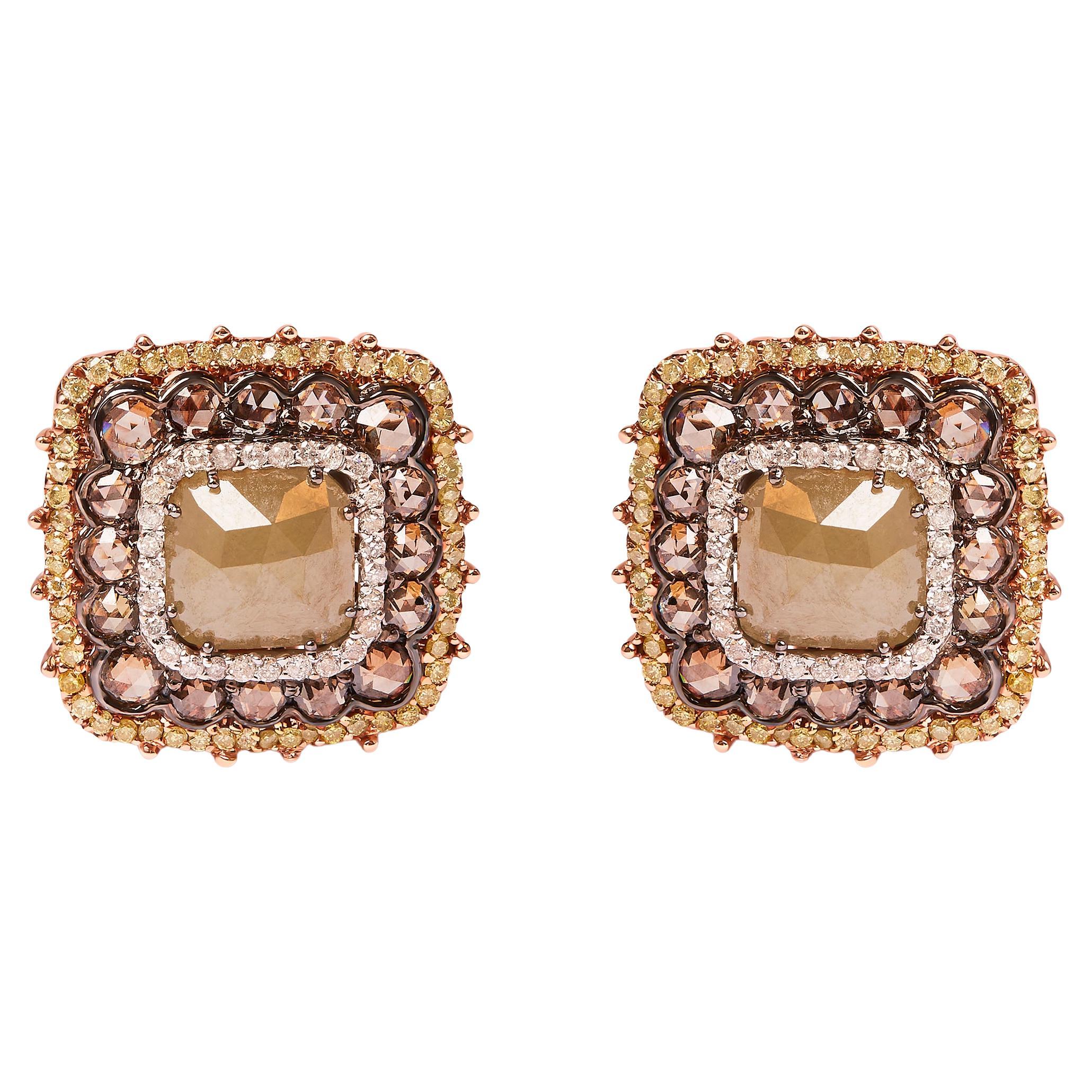 14K Rose Gold 5 7/8 Carat Fancy Diamond Cushion Shape Triple Halo Stud Earring For Sale