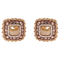 14K Rose Gold 5 7/8 Carat Fancy Diamond Cushion Shape Triple Halo Stud Earring