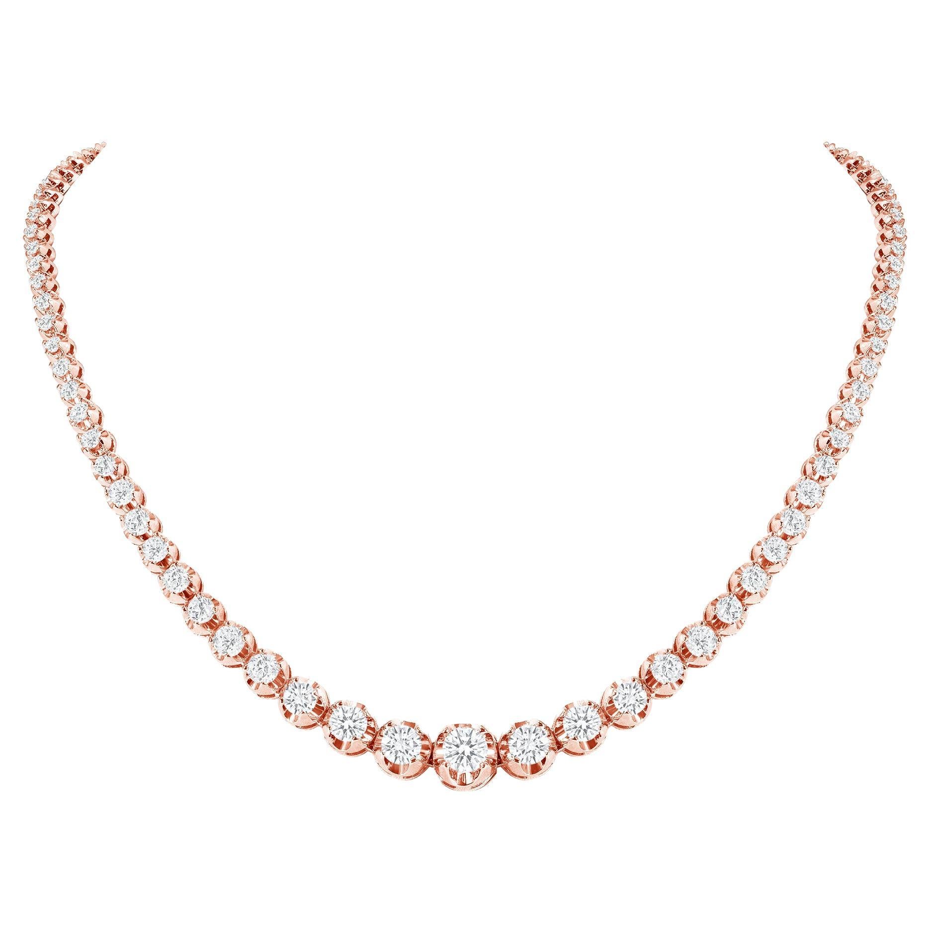 14k Rose Gold 5 Carat Graduated Diamond Tennis Necklace Illusion Setting For Sale