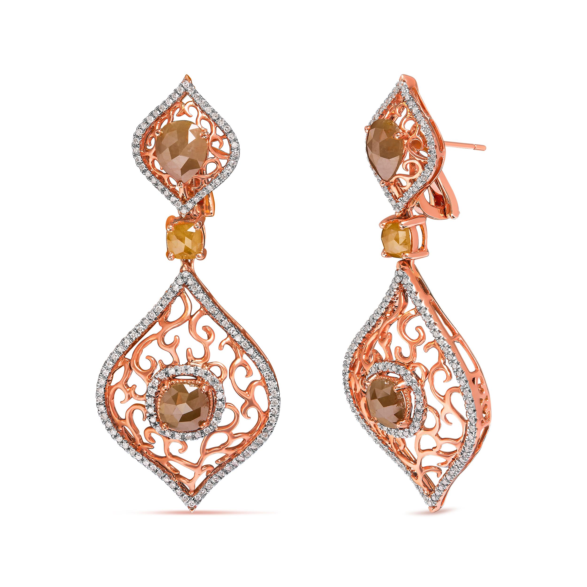 Introducing a mesmerizing piece that embodies elegance and sophistication. Crafted in 14K rose gold, these enchanting dangle earrings feature a double curve rhombus design, symbolizing eternal love and harmony. Adorned with 258 natural diamonds,