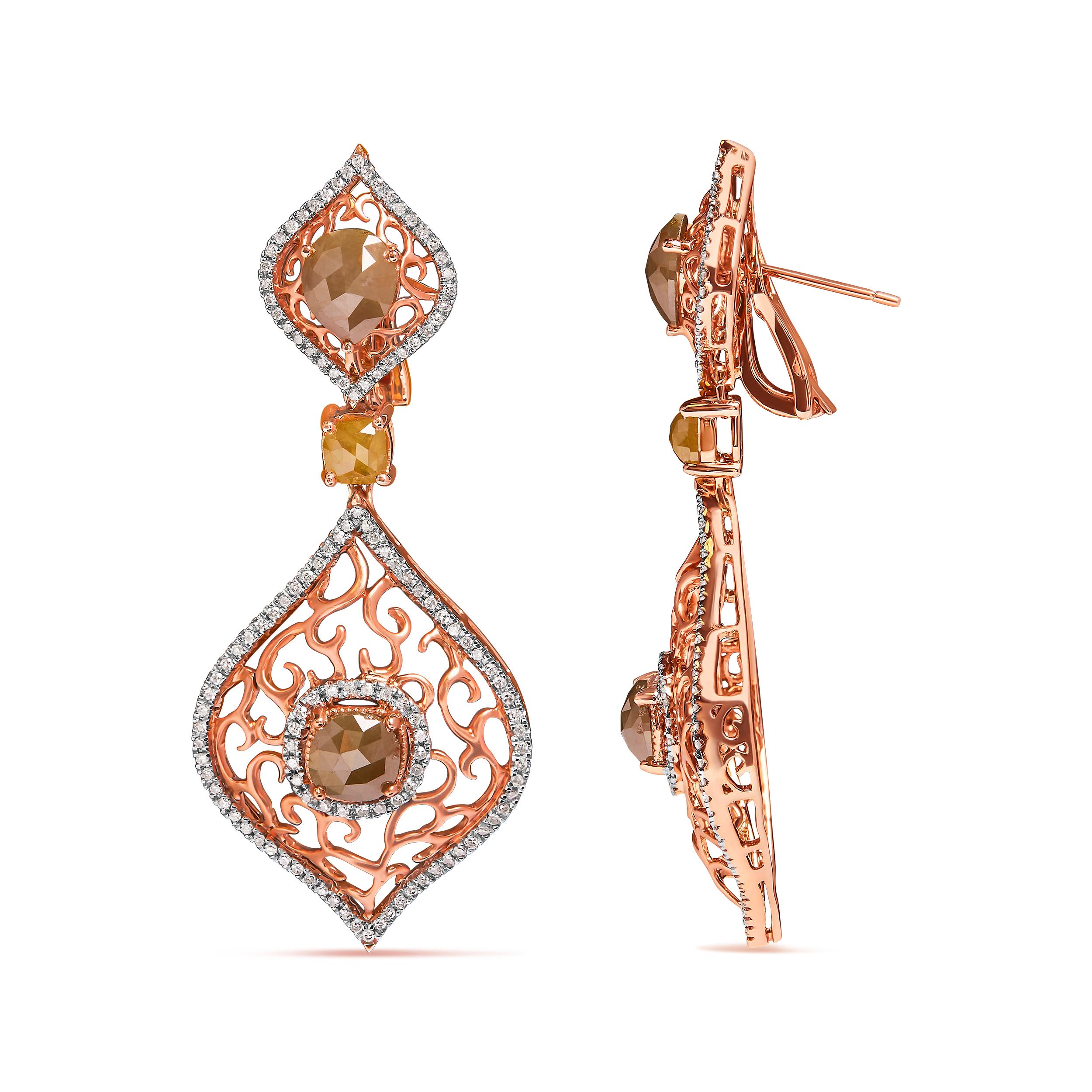 Modern 14K Rose Gold 6 7/8 Carat Diamond Double Curve Rhombus Drop and Dangle Earring For Sale